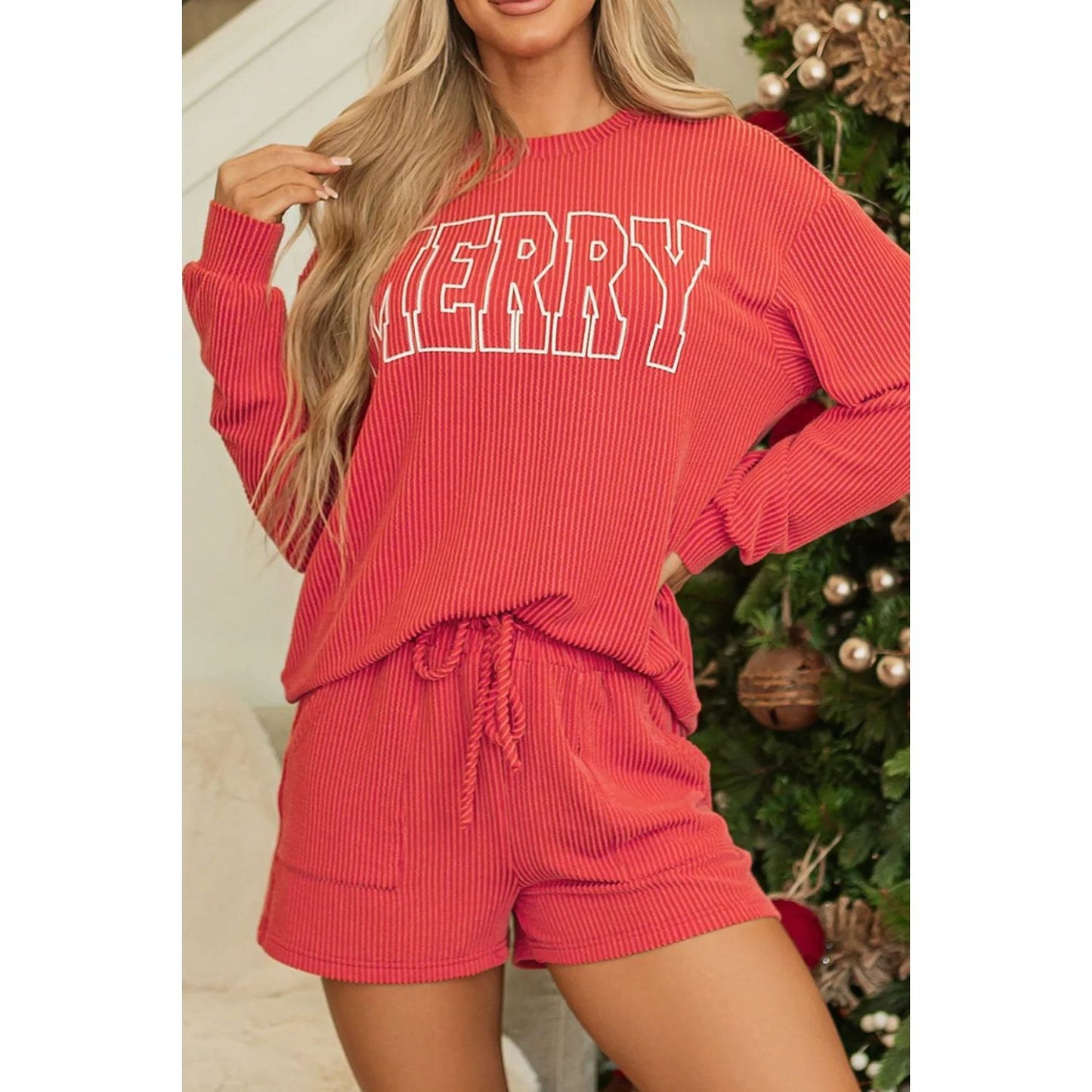 MERRY Round Neck Long Sleeve Top and Shorts Lounge Set