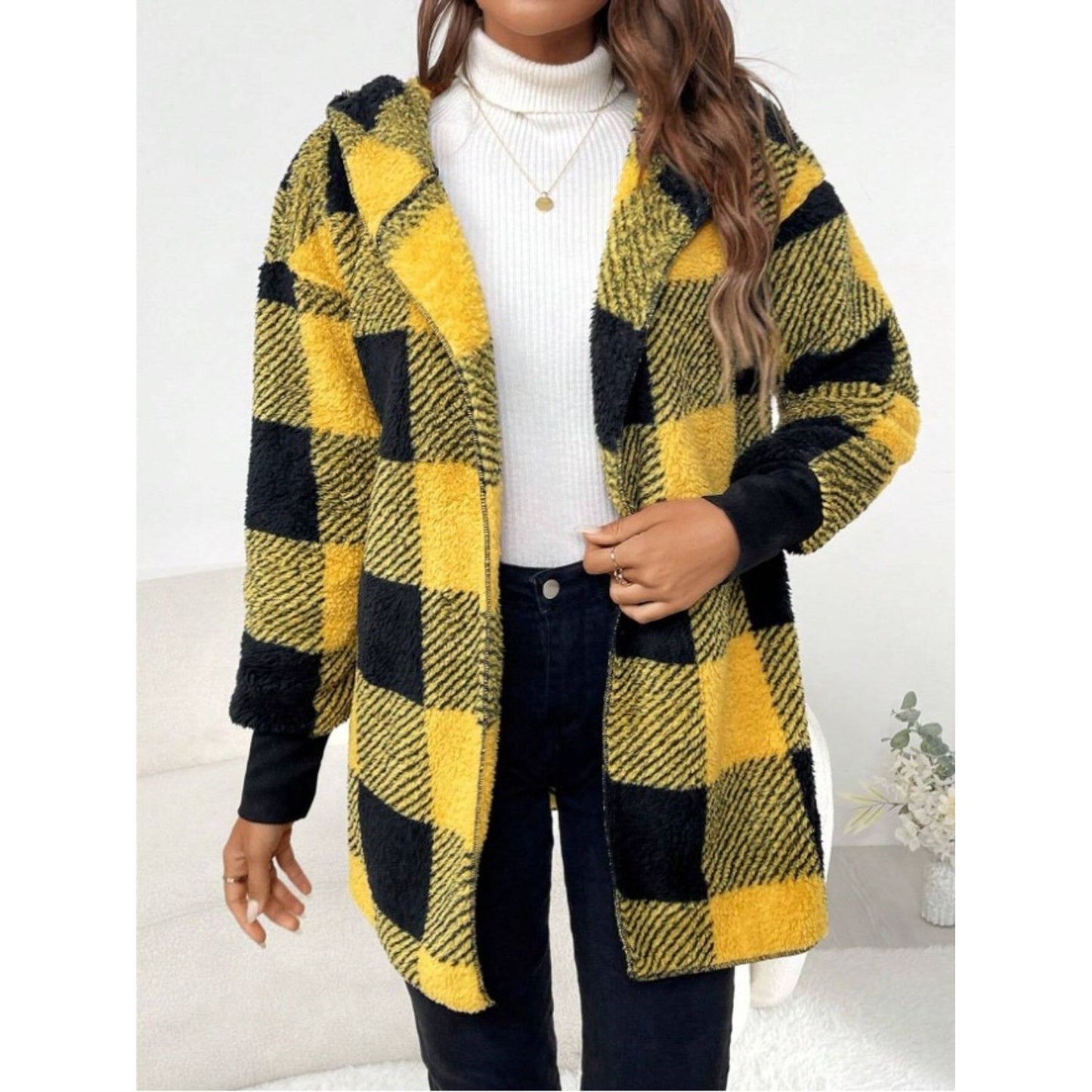 Plaid Long Sleeve Hooded Coat