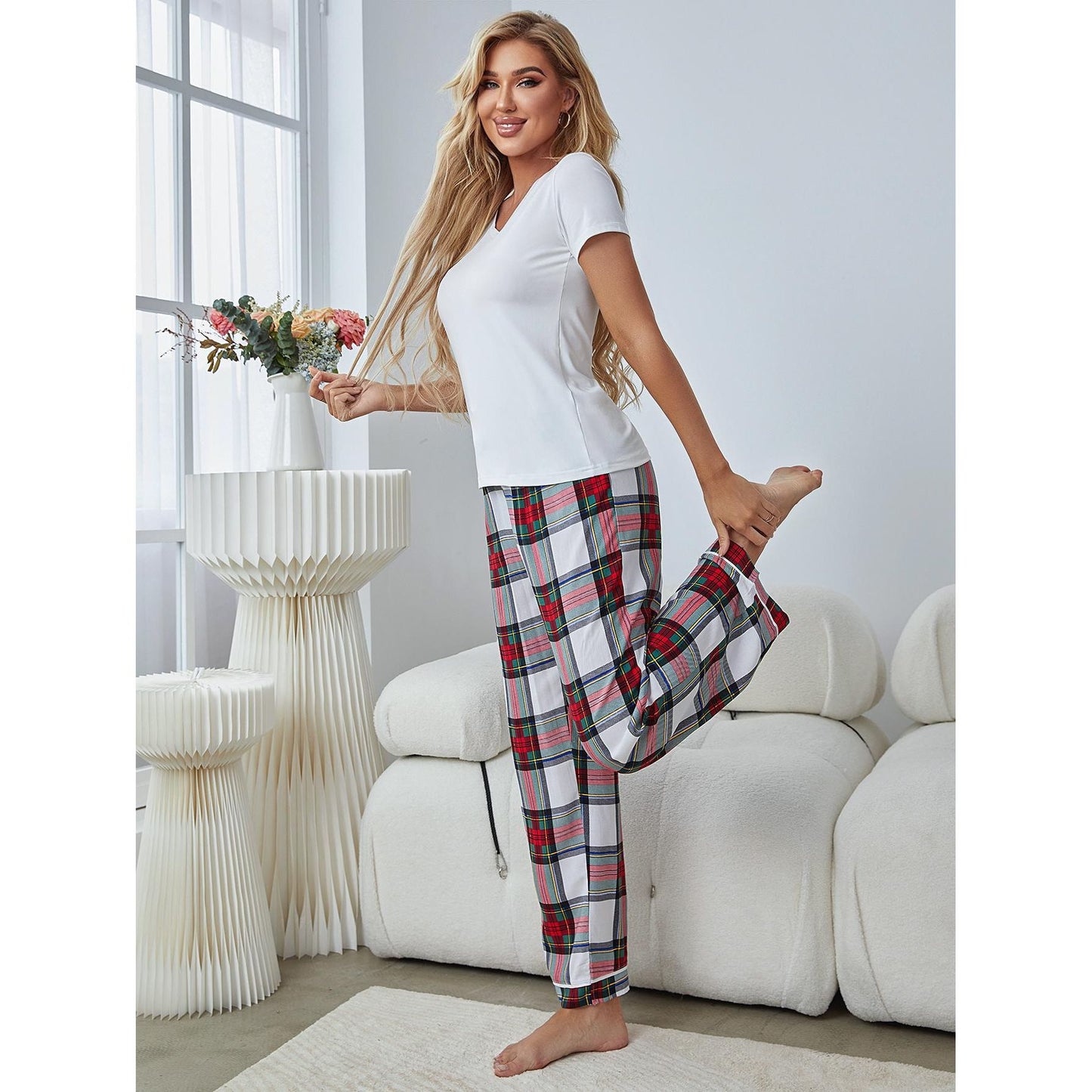 V-Neck Tee and Plaid Pants Lounge Set