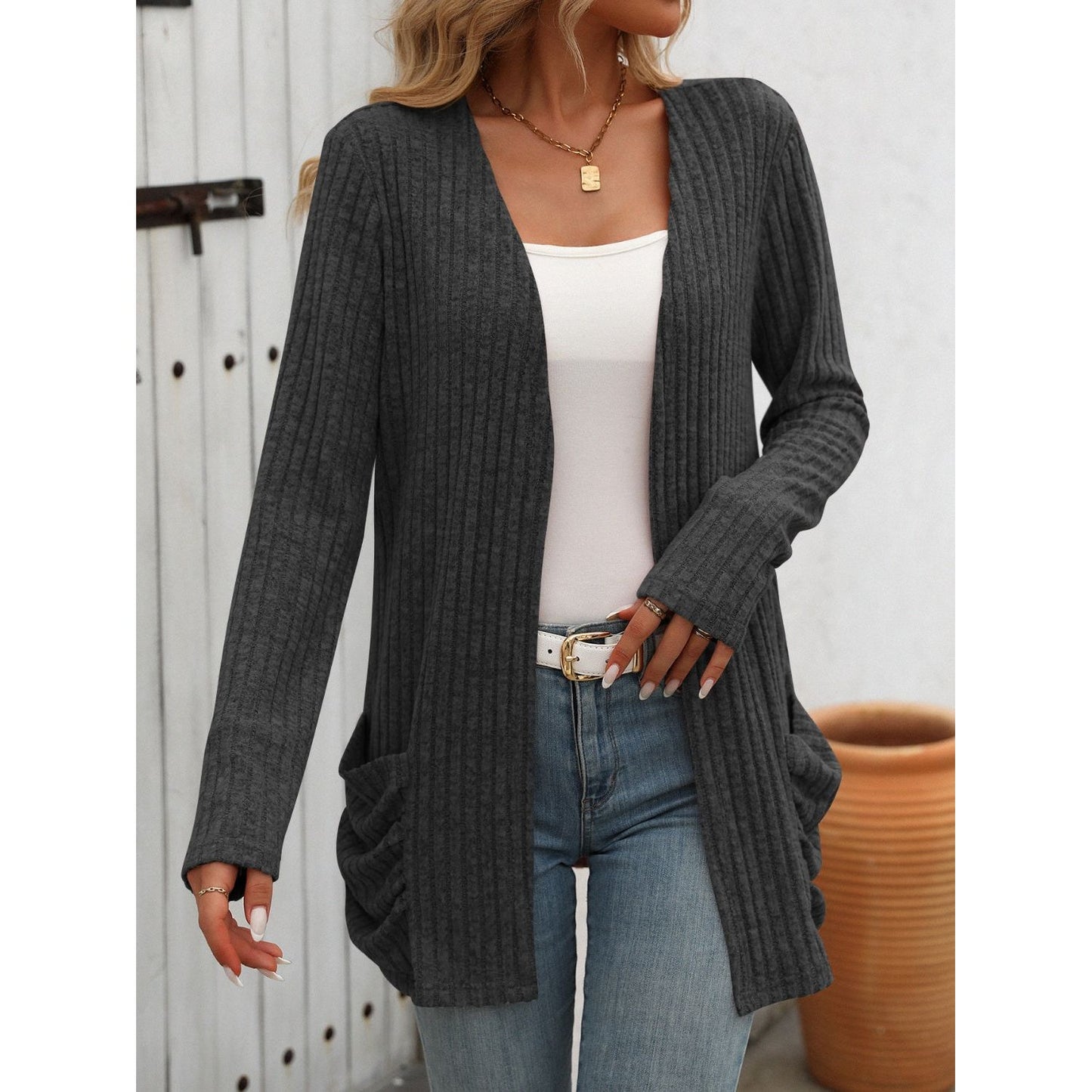 Open Front Long Sleeve Ribbed Cardigan