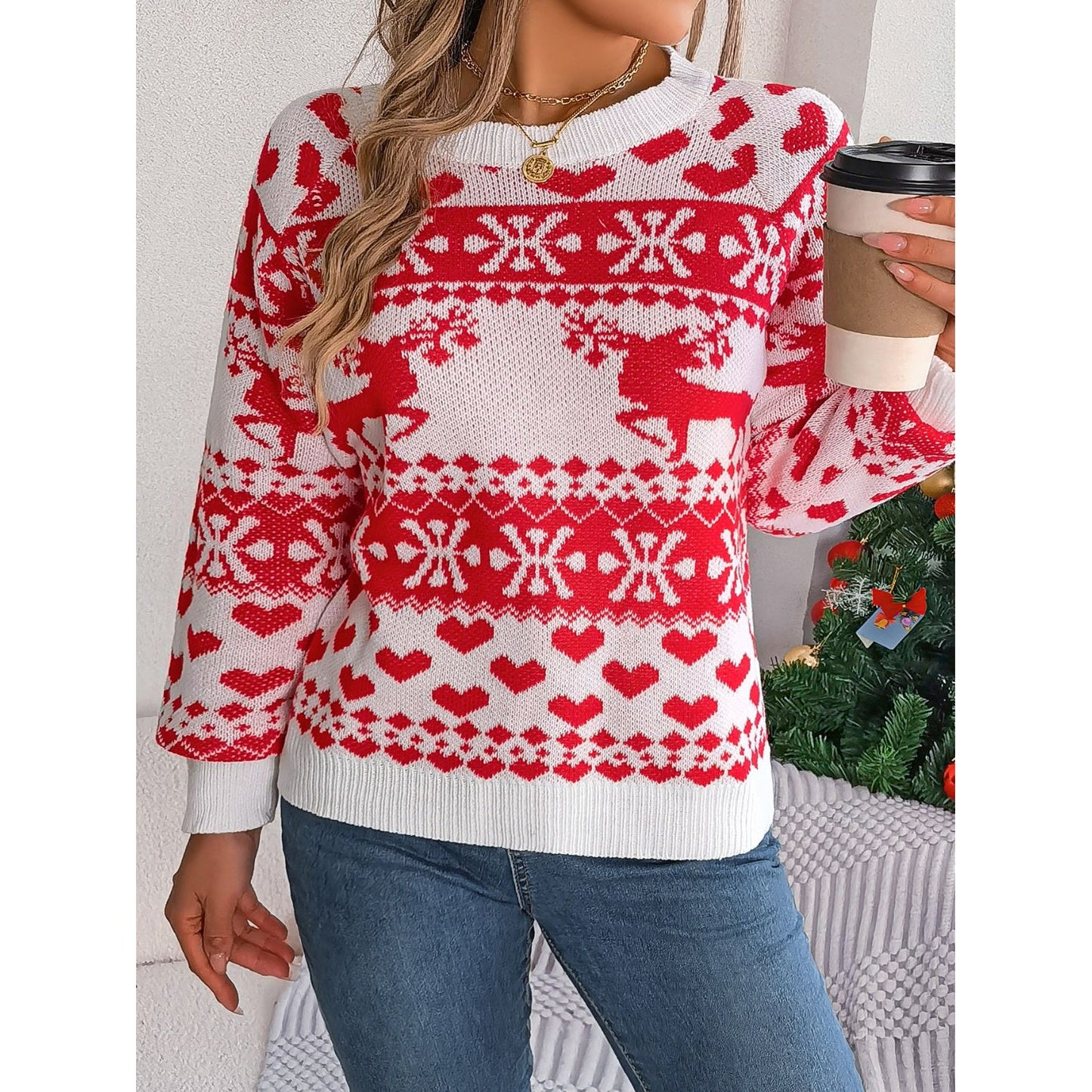 Christmas Element Round Neck Long Sleeve Sweater