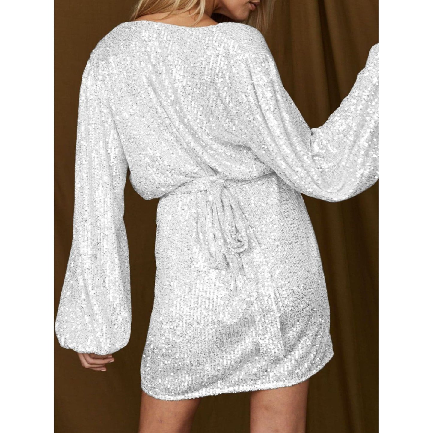 Sequin Surplice Tie Waist Mini Dress