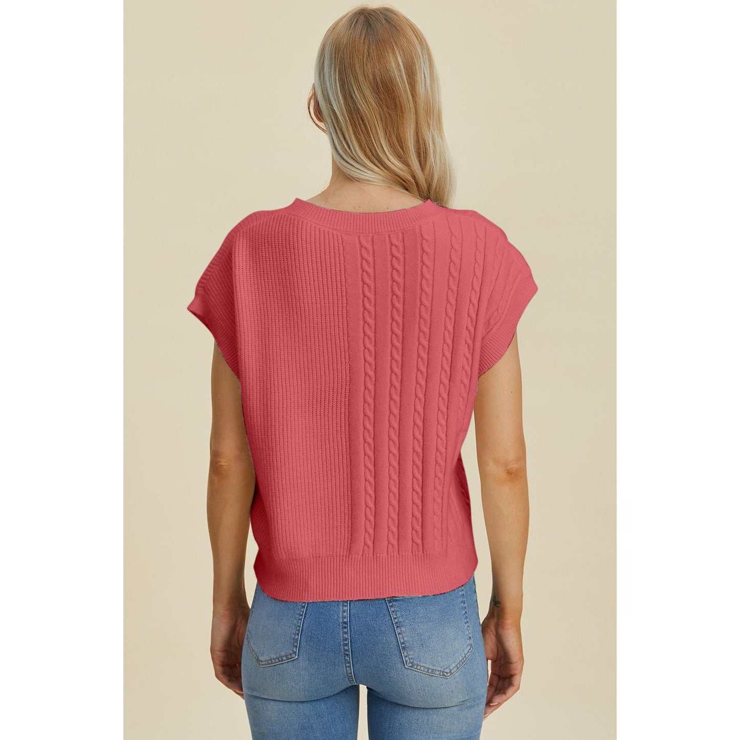 Double Take Full Size Cable-Knit Round Neck Short Sleeve Sweater