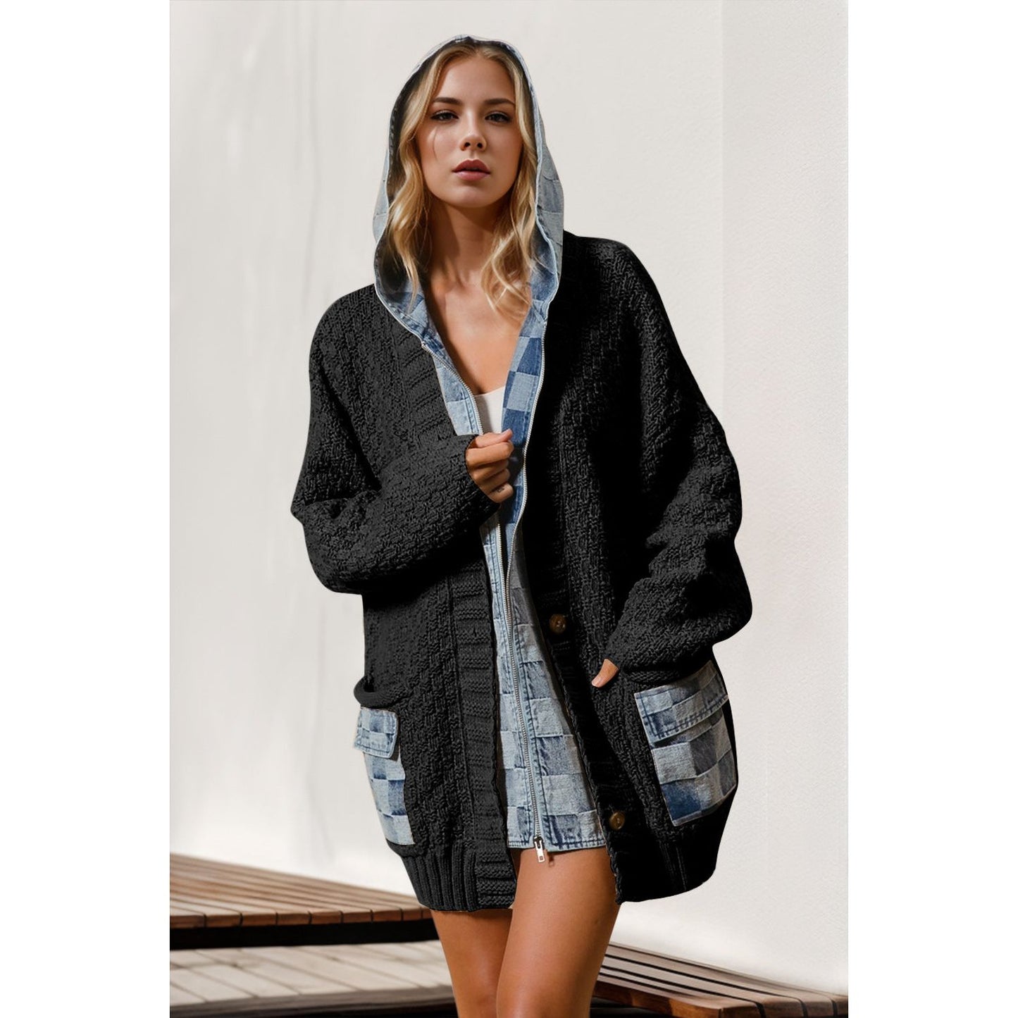 Double Take Full Size Hooded Denim Spliced Sweater Cardigan