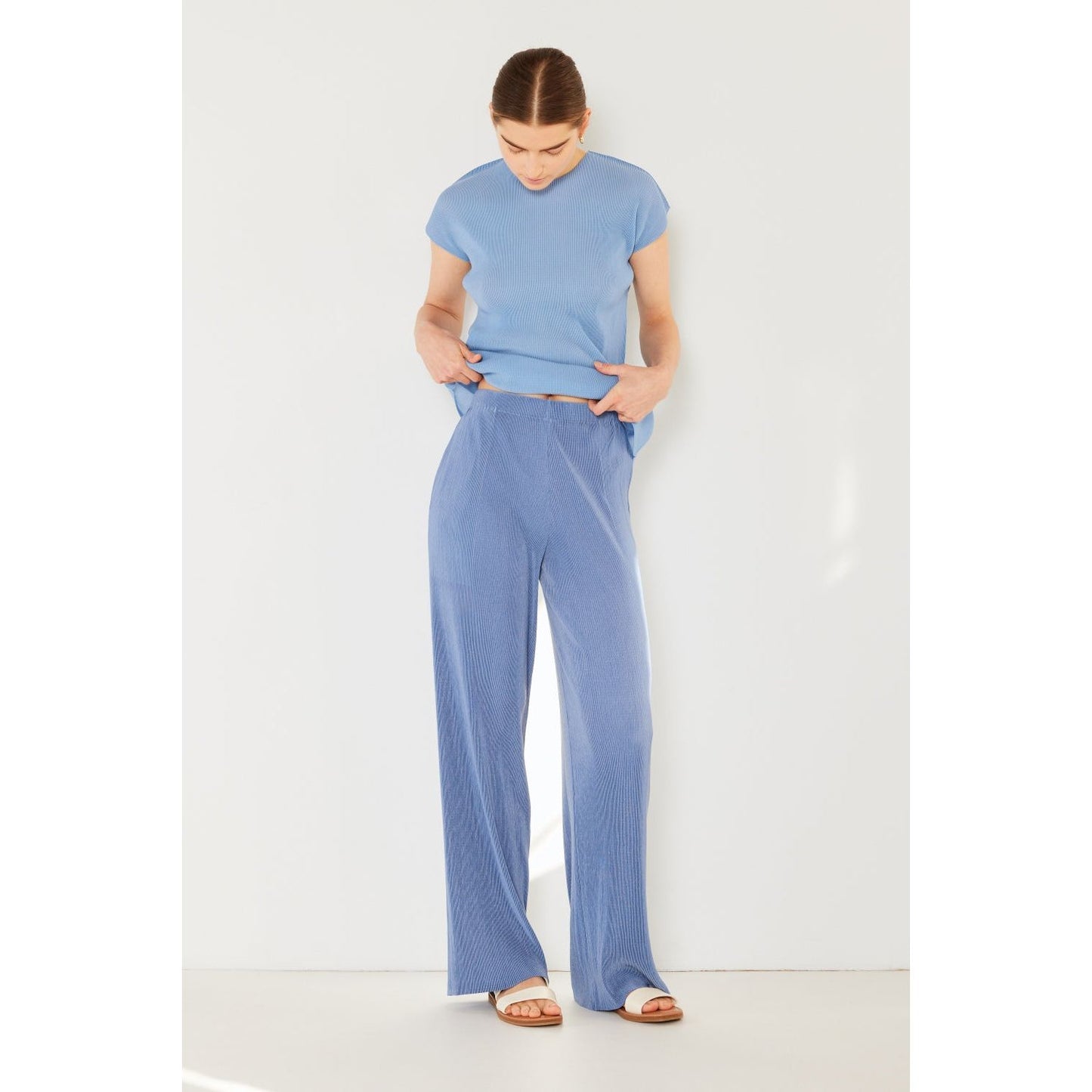 Marina West Swim Rib Pleated Elastic-Waist Wide Leg Pants