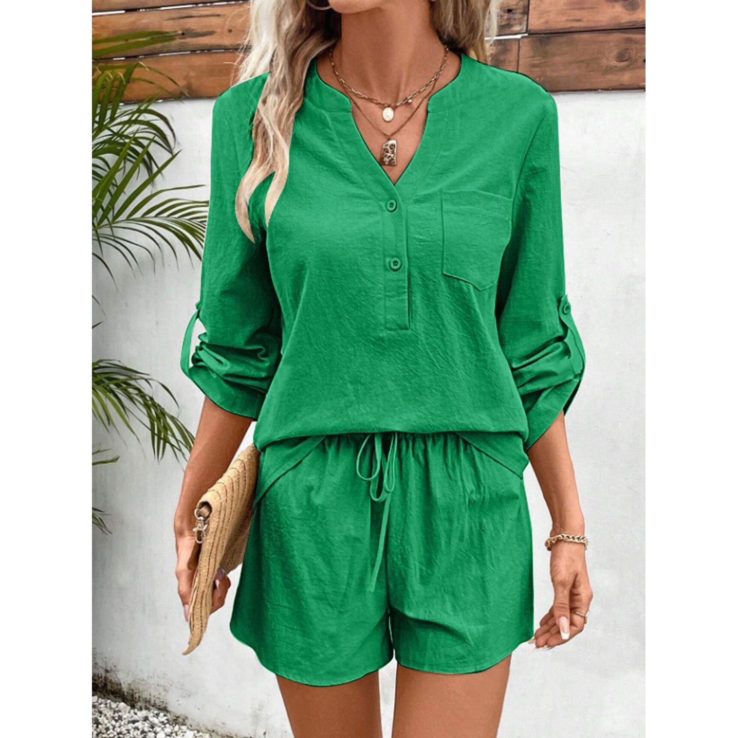 Notched Long Sleeve Top and Shorts Set