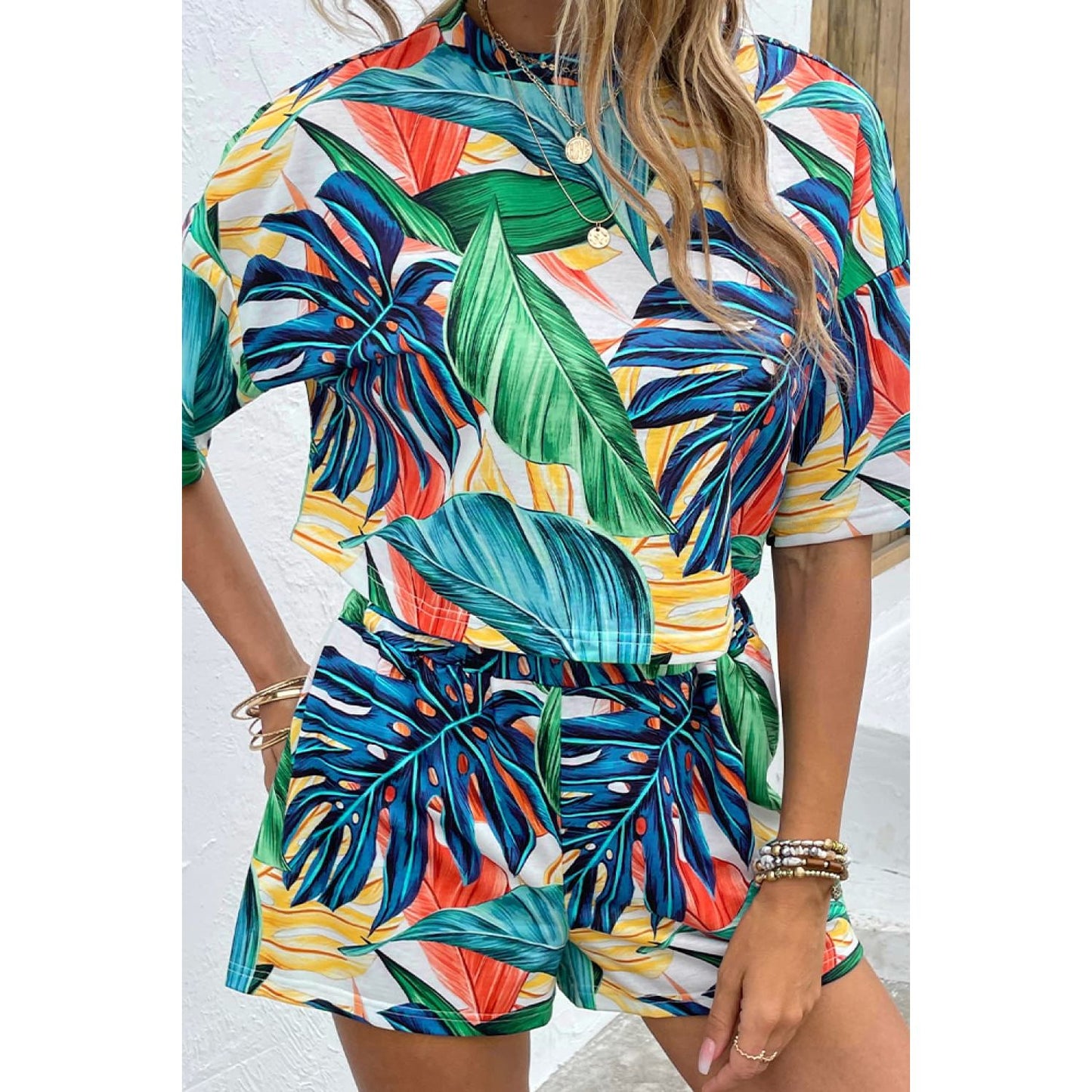 Shiny Printed Half Sleeve Top and Shorts Lounge Set