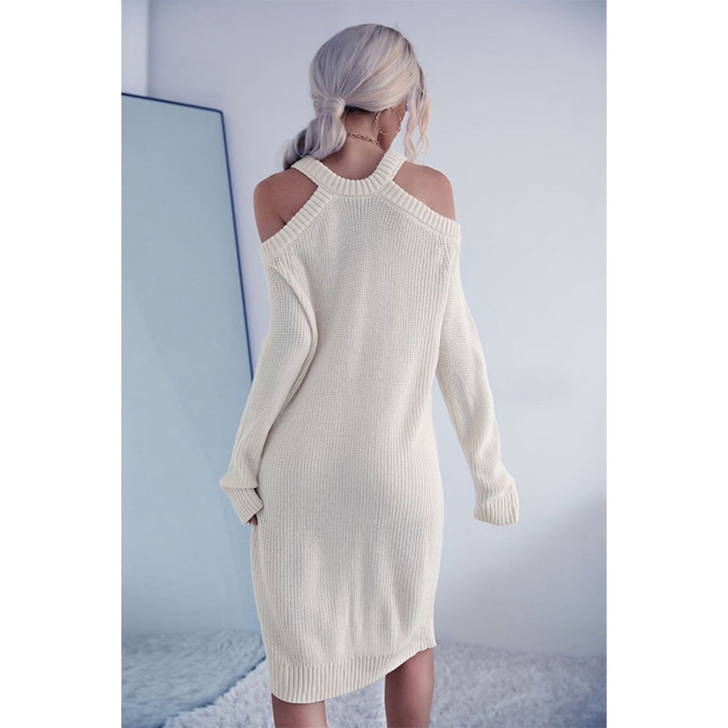 Perfee Cold Shoulder Rib-Knit Sweater Dress (Belt Not Included)