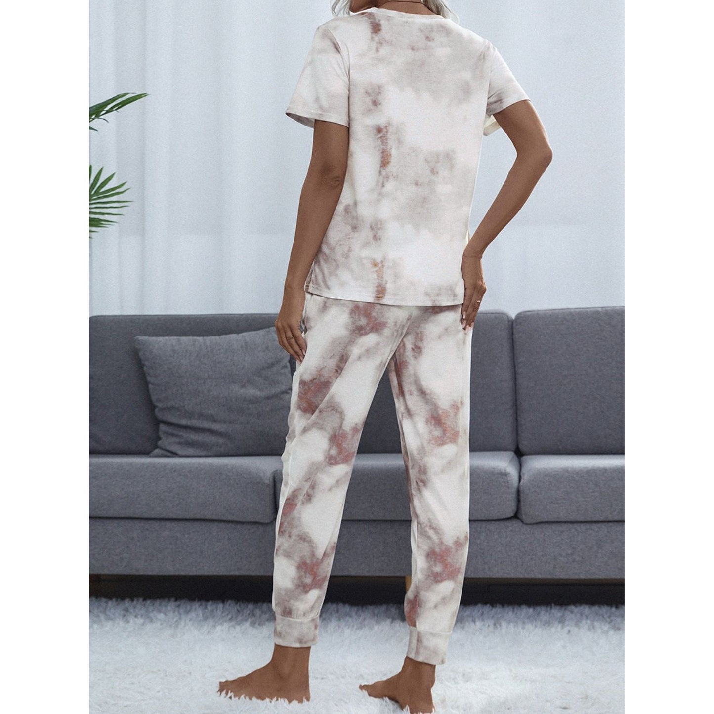 Shiny Tie-Dye Round Neck Short Sleeve Top and Pants Lounge Set