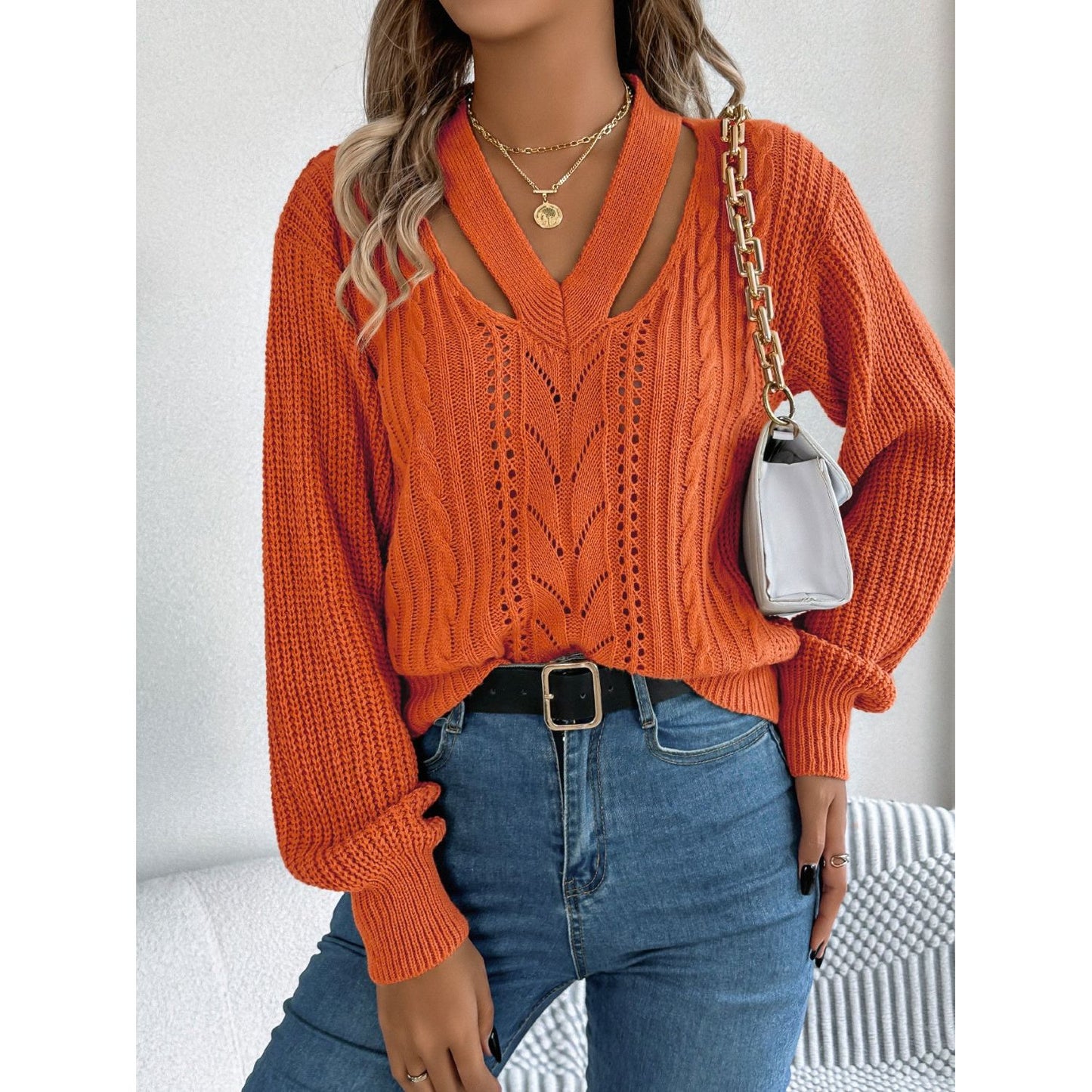 Cutout V-Neck Long Sleeve Sweater