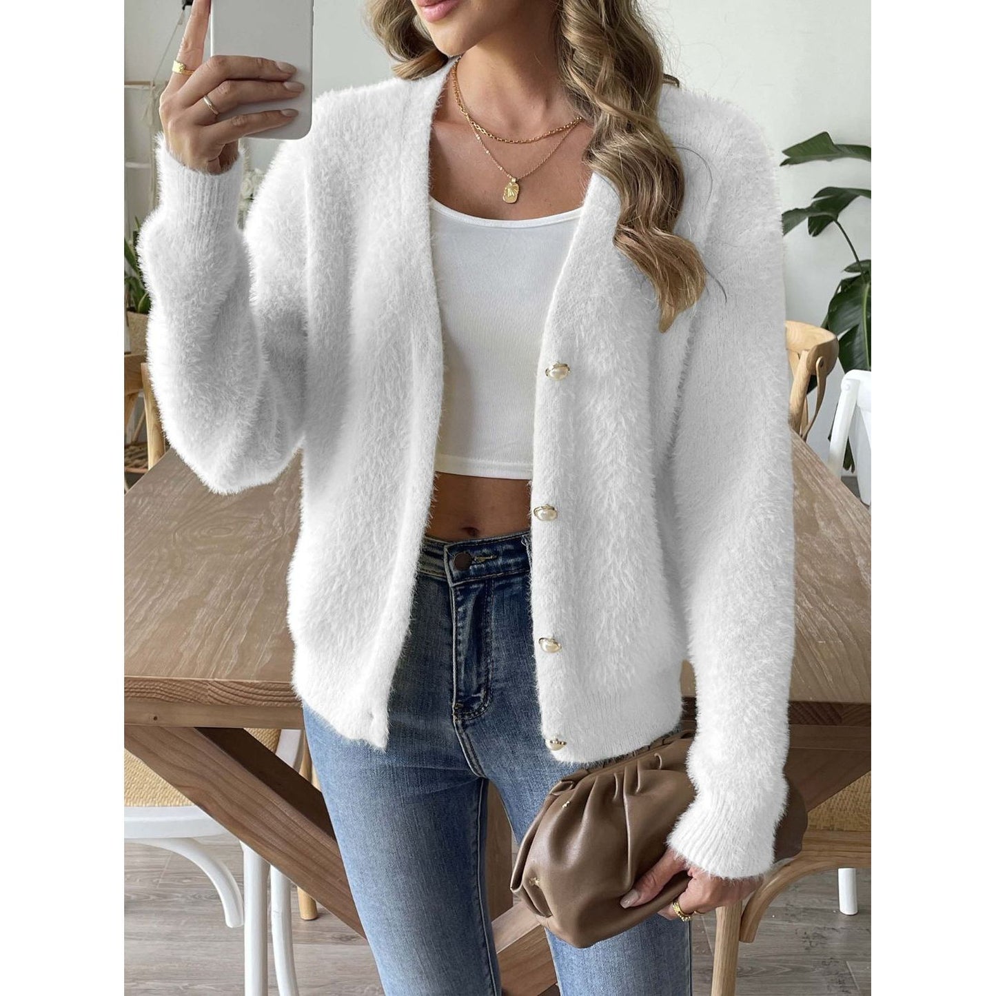 Button Up V-Neck Long Sleeve Cardigan