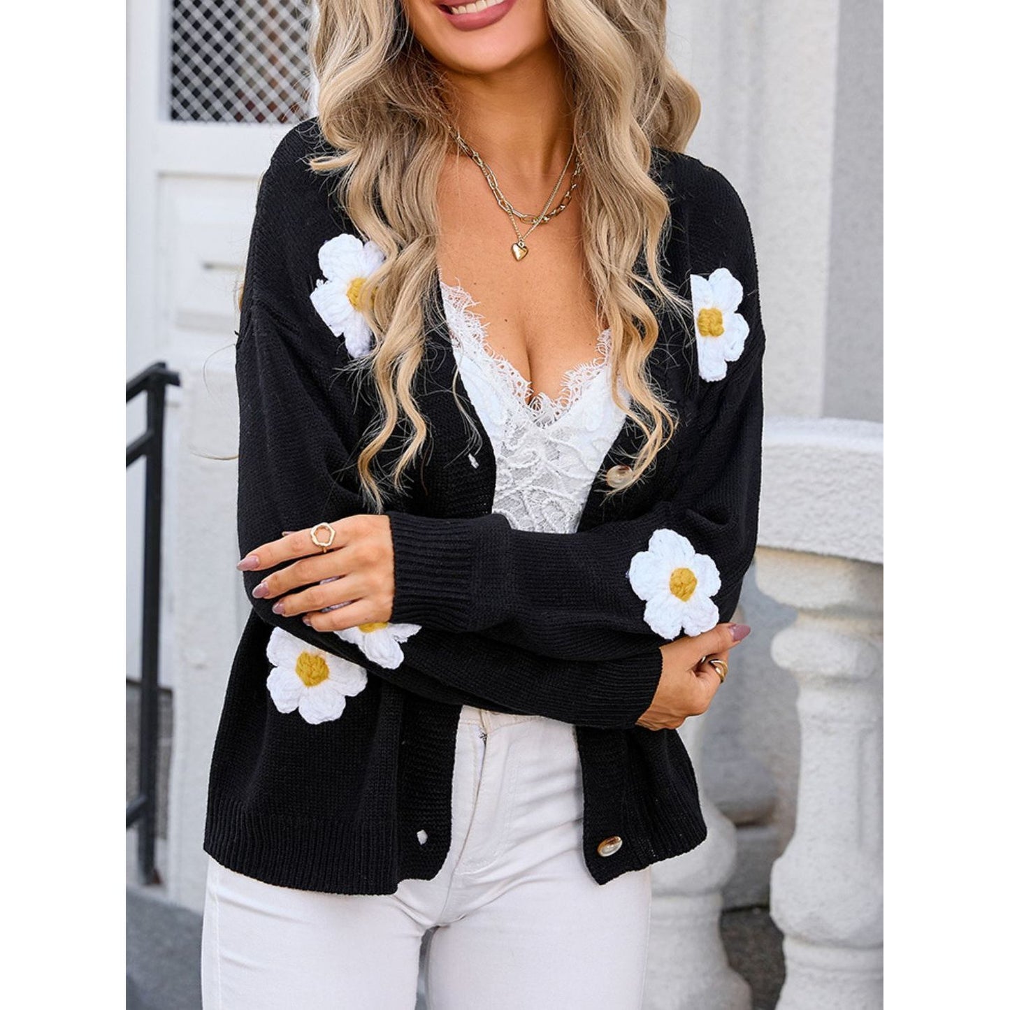 Angel Wings Crochet Flower Button Up Cardigan