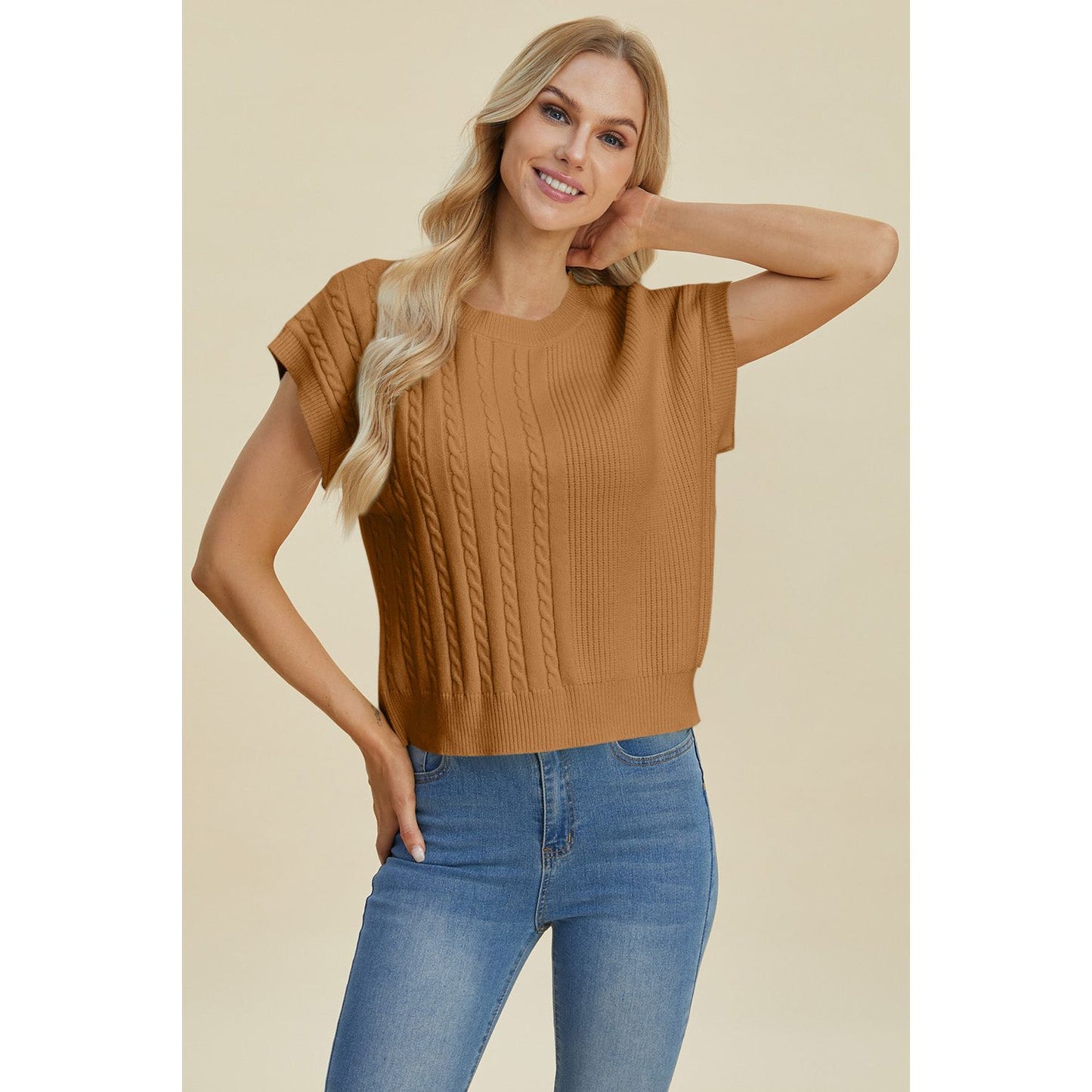 Double Take Full Size Cable-Knit Round Neck Short Sleeve Sweater