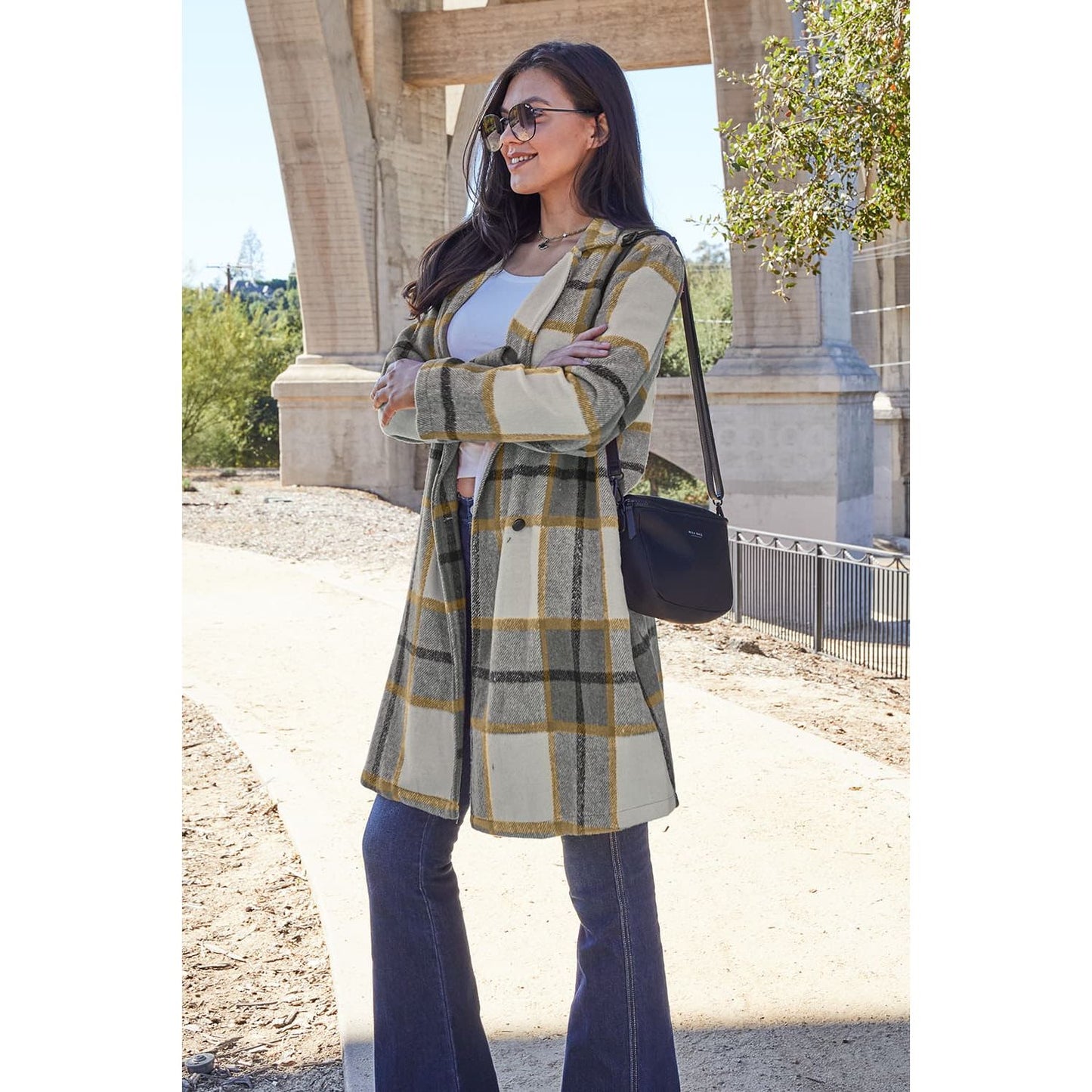 Double Take Full Size Plaid Button Up Lapel Collar Coat