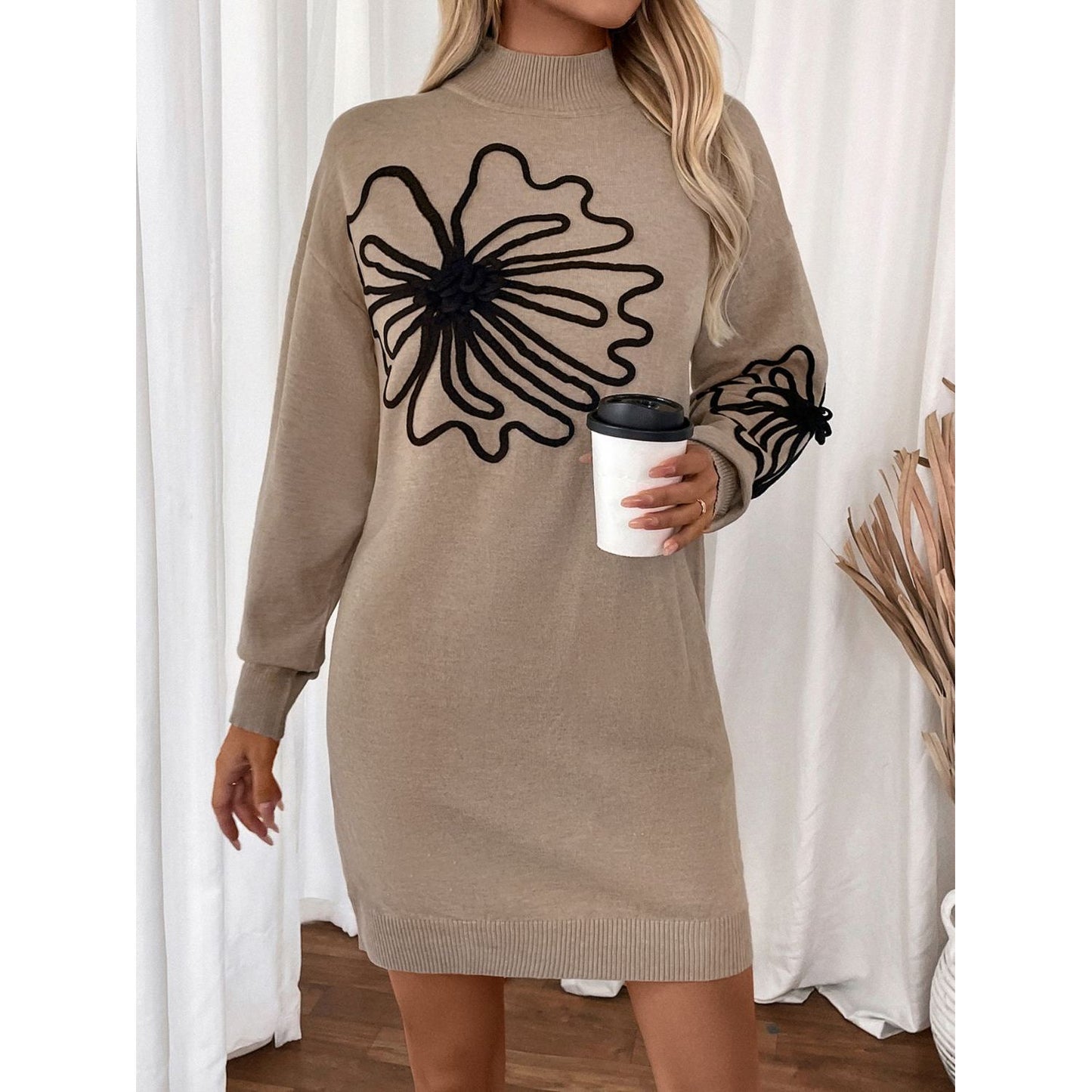 Perfee Flower Mock Neck Long Sleeve Sweater Dress