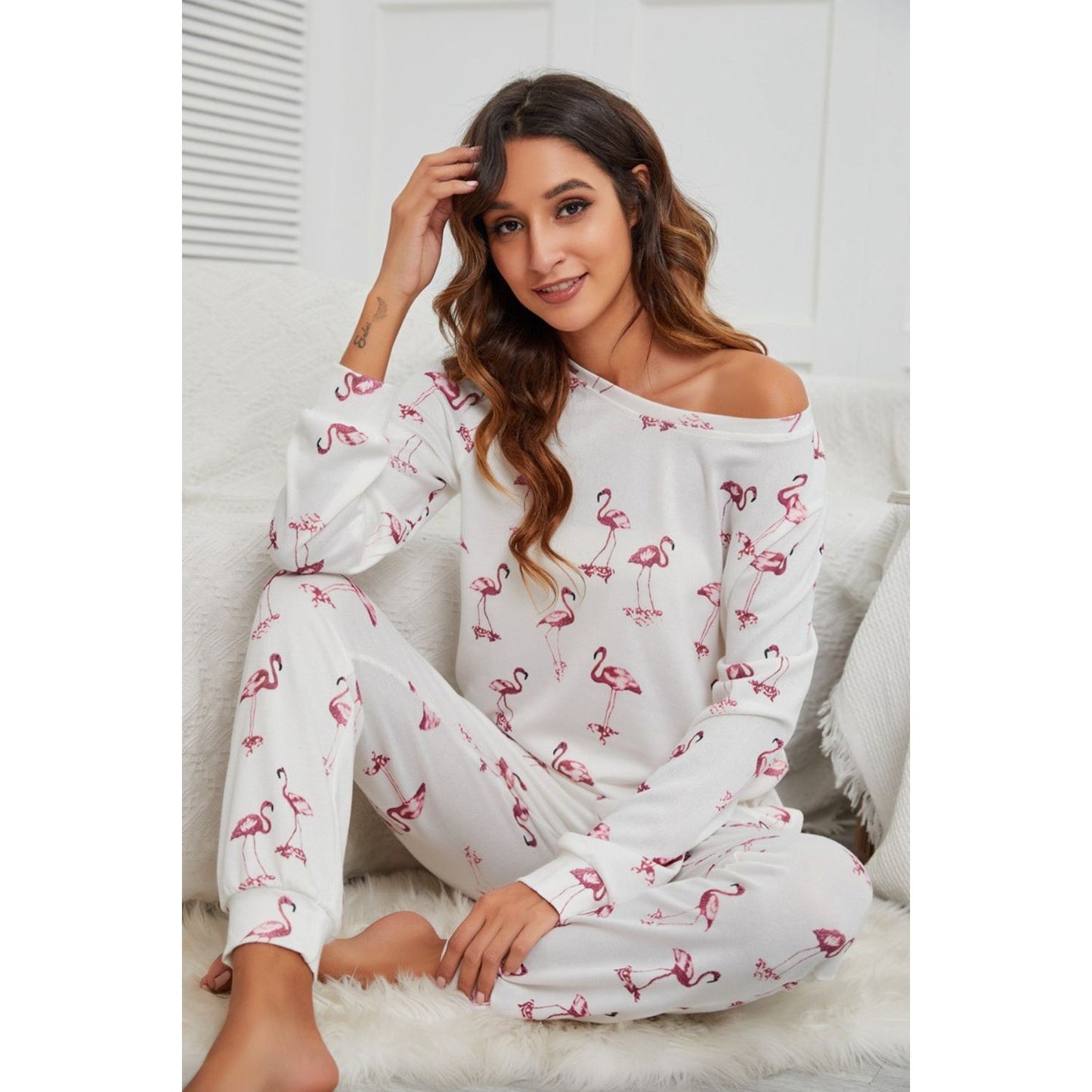 Flamingo Long Sleeve Top and Pants Lounge Set