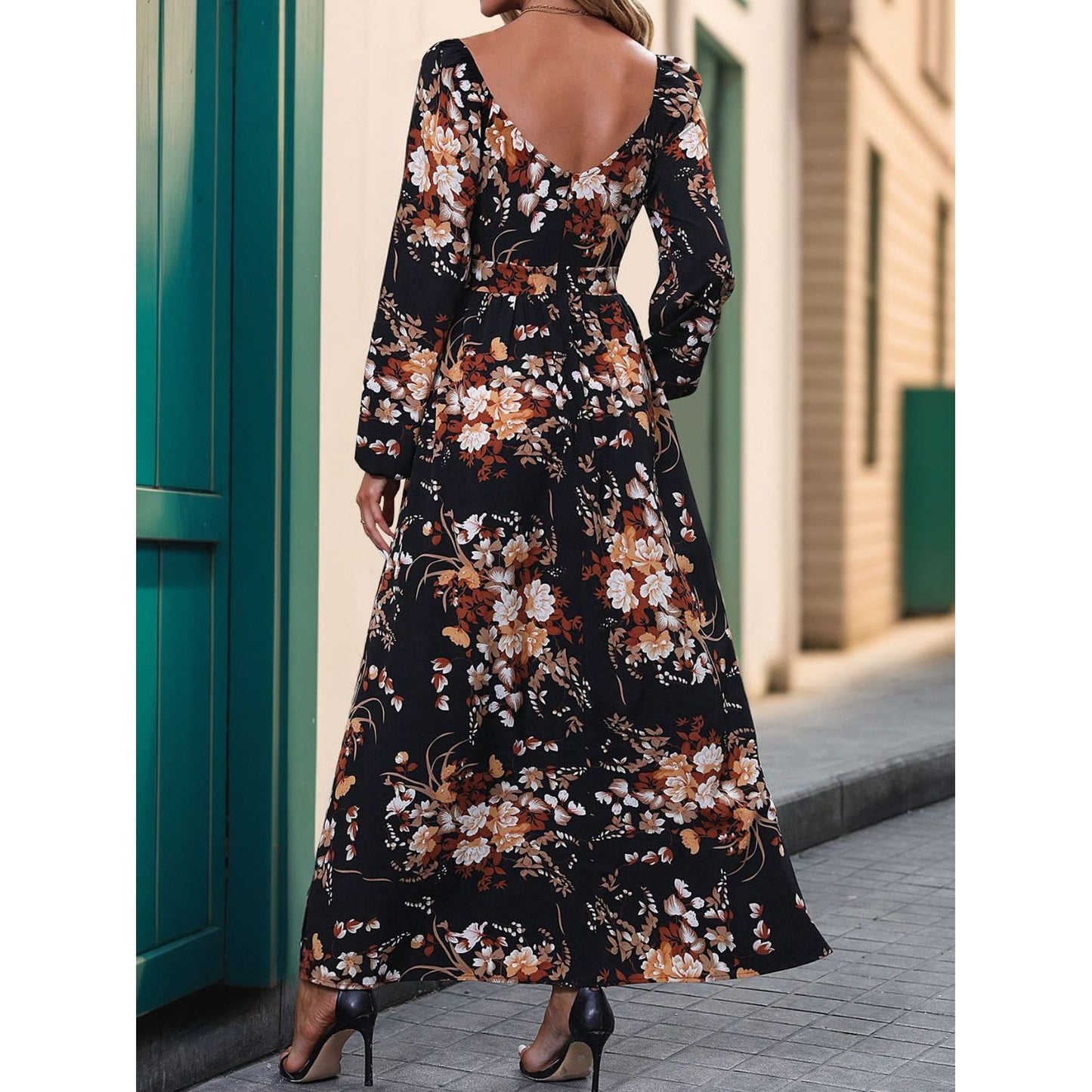 Slit Printed Surplice Long Sleeve Maxi Dress