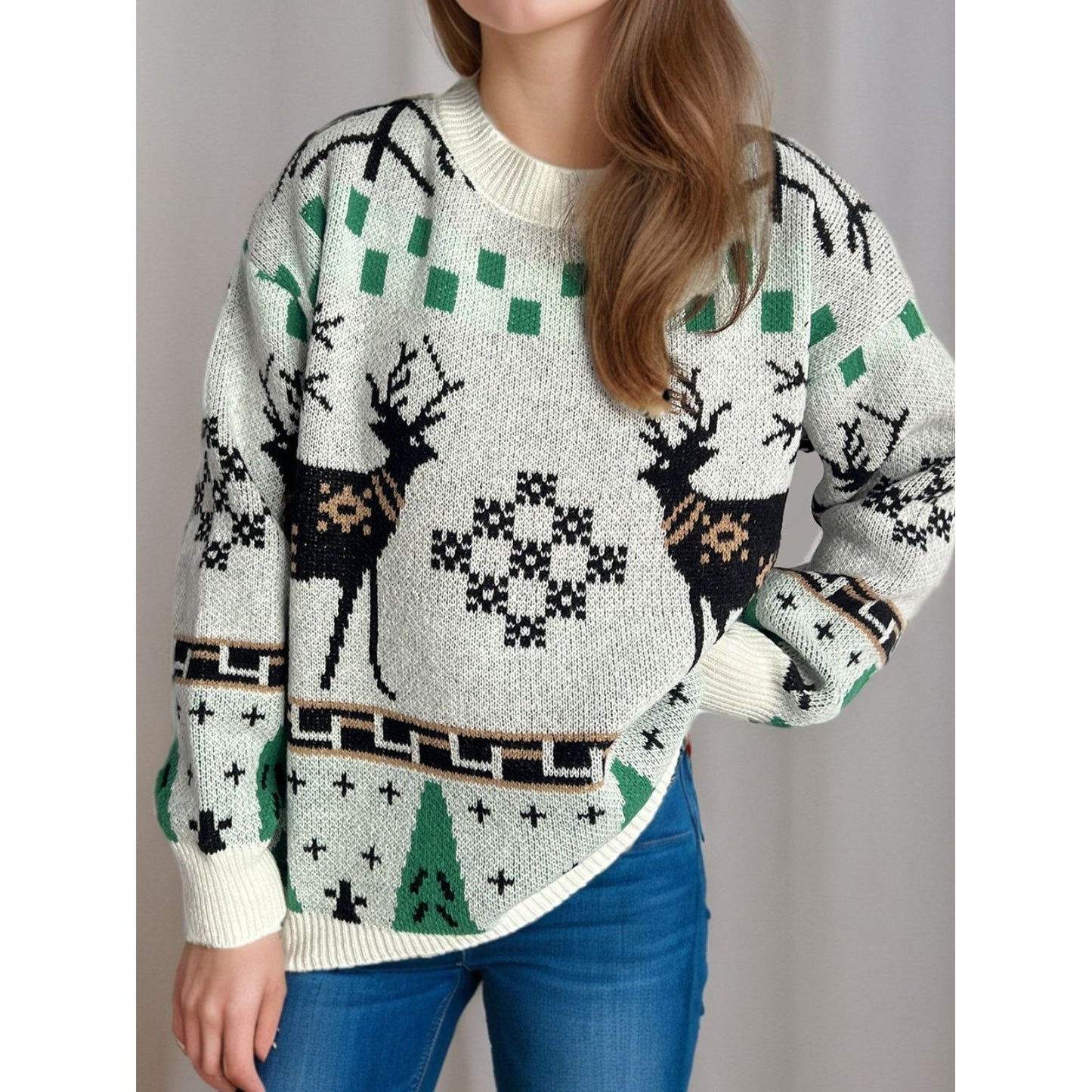 Christmas Element Round Neck Long Sleeve Sweater