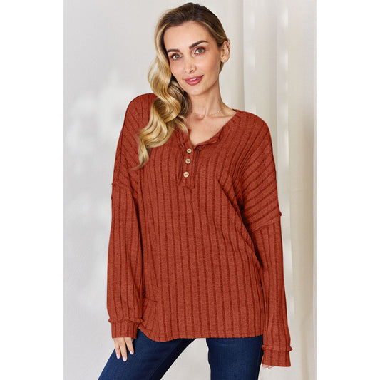 Basic Bae Full Size Ribbed Half Button Long Sleeve T-Shirt