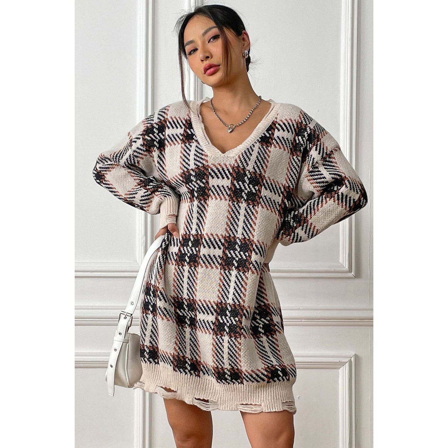 Plaid V-Neck Long Sleeve Sweater Dress