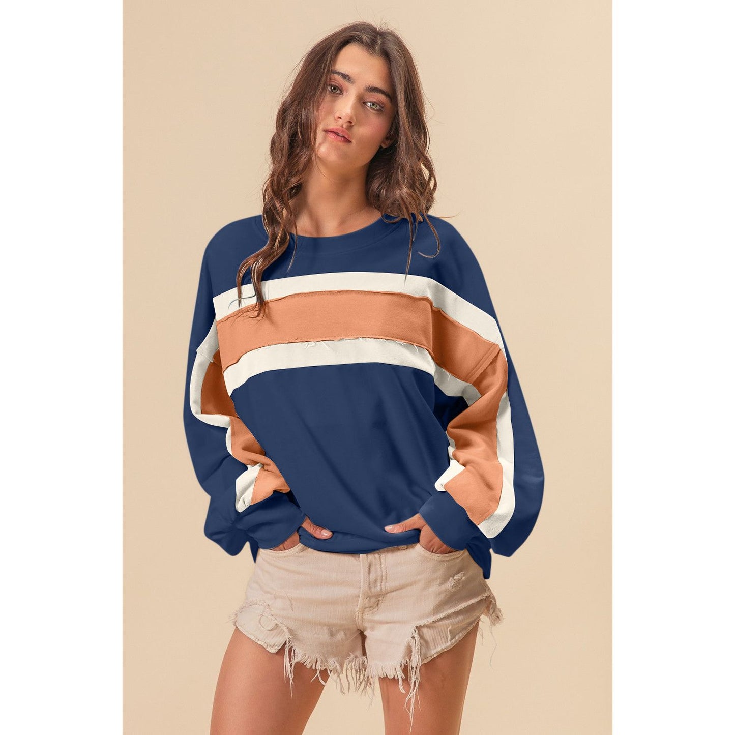 BiBi French Terry Color Block Cut Edge Detail Sweatshirt