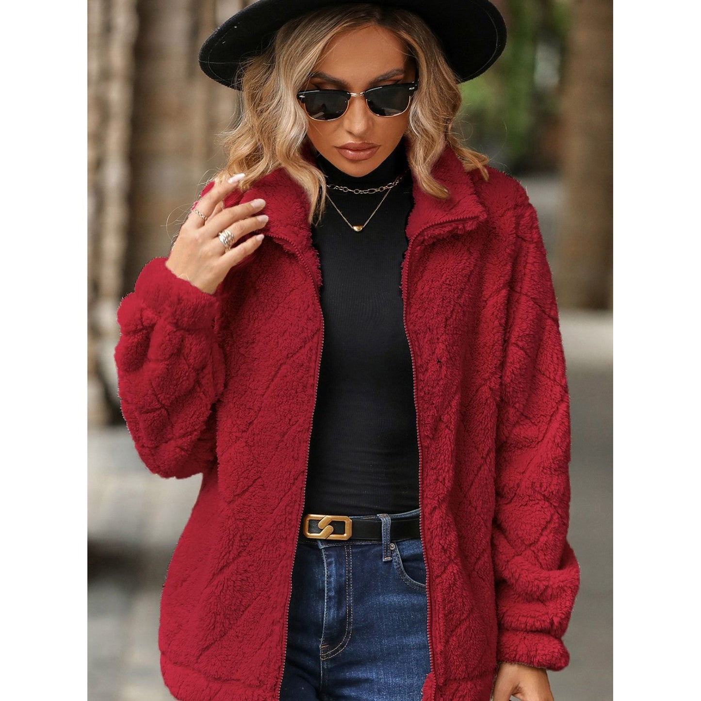 Fuzzy Pocketed Zip Up Jacket