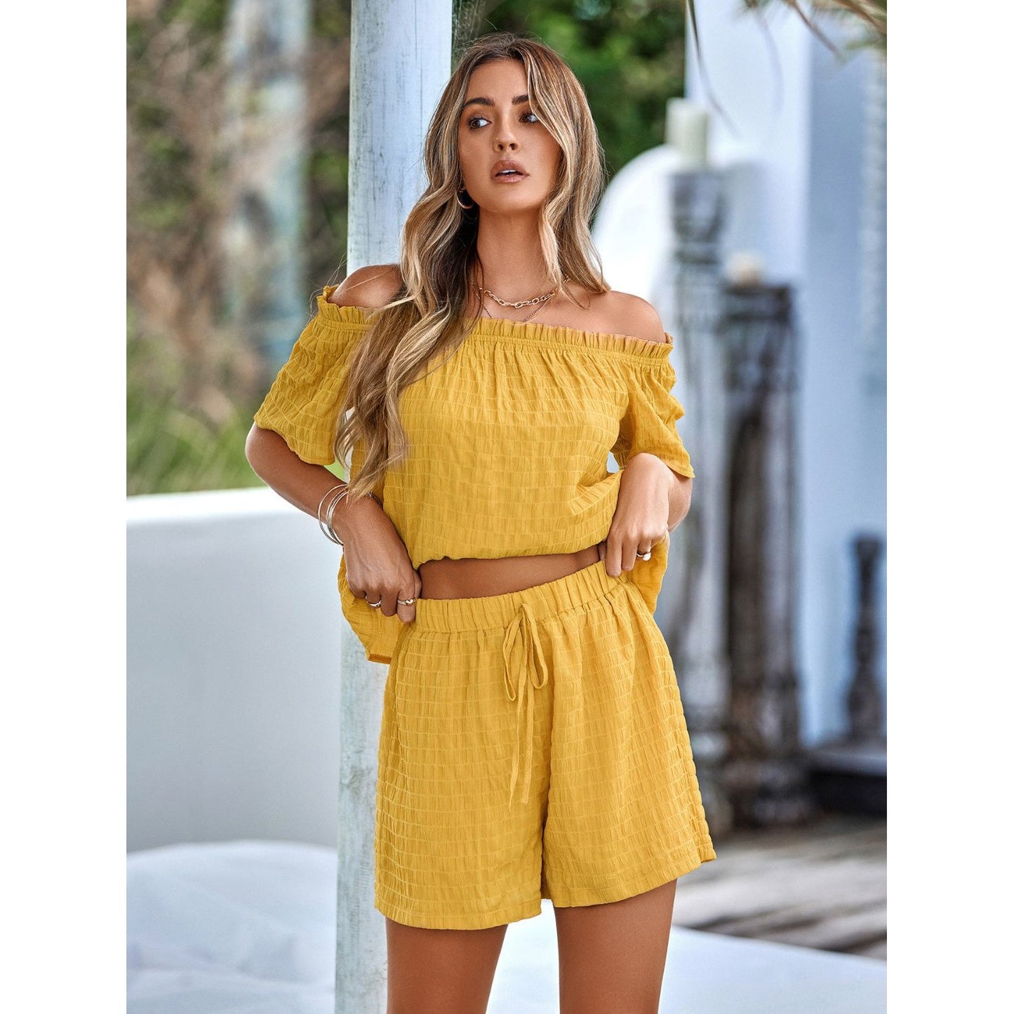 Full Size Off-Shoulder Short Sleeve Top and Tied Shorts Set