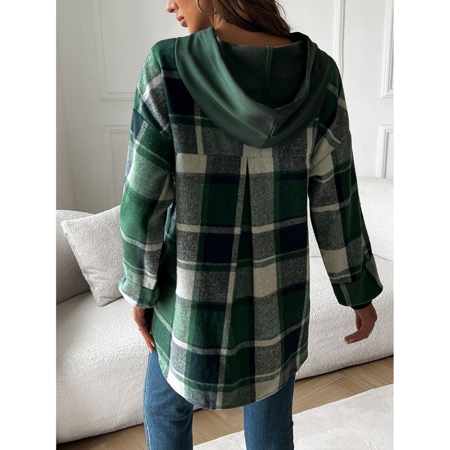 Devine Drawstring Plaid Long Sleeve Hoodie