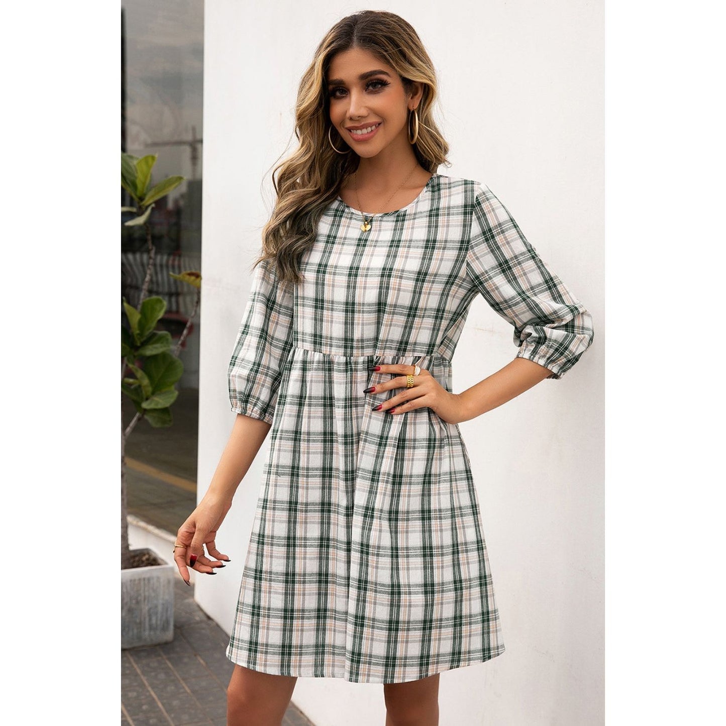 Ivy Lane Plaid Round Neck Mini Dress