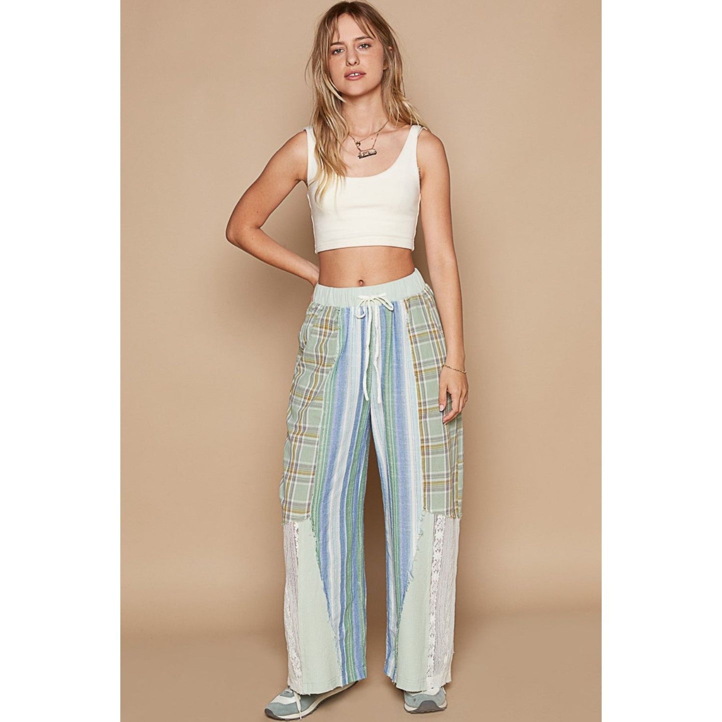 POL Drawstring Plaid Print Lace Straight Pants