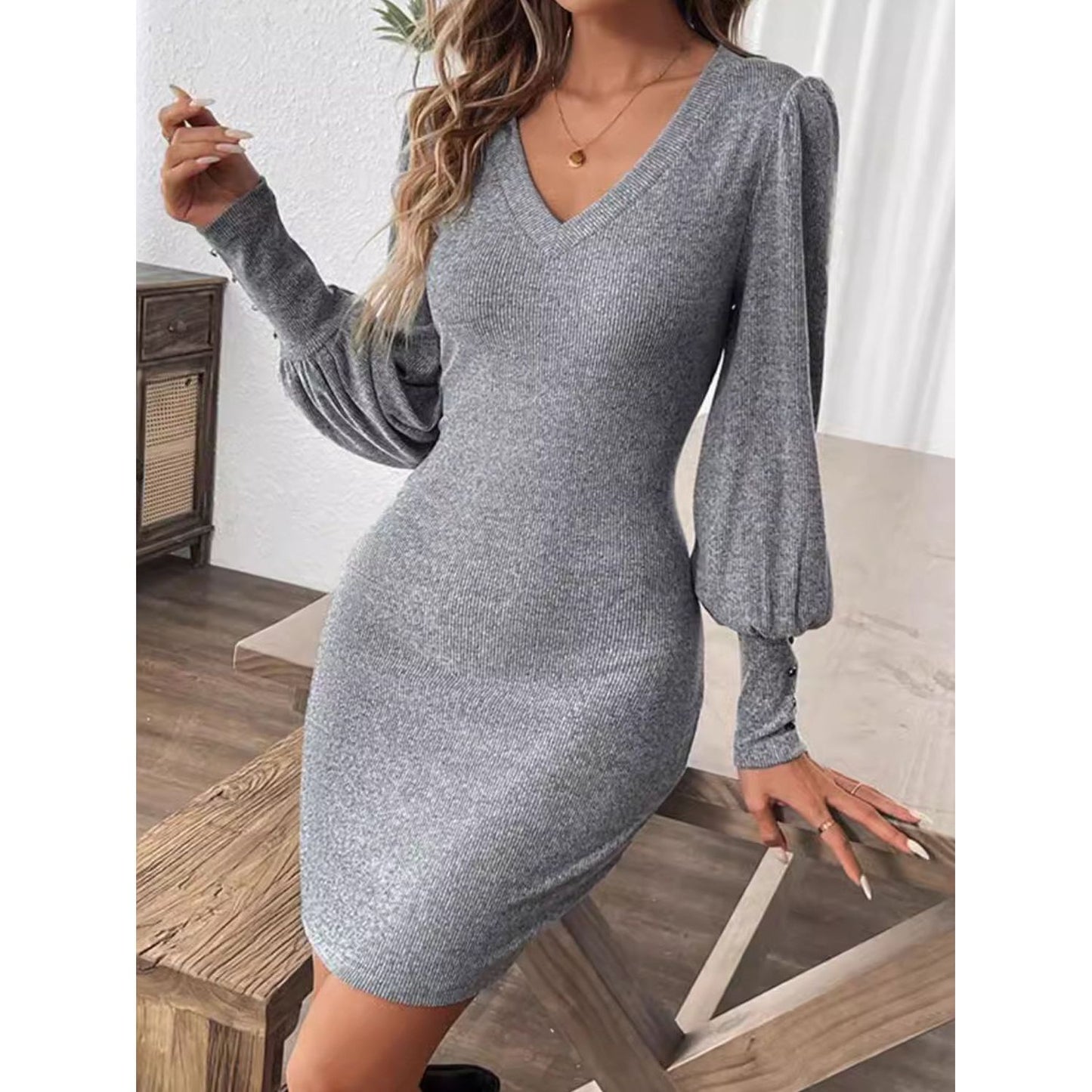 V-Neck Lantern Sleeve Dress