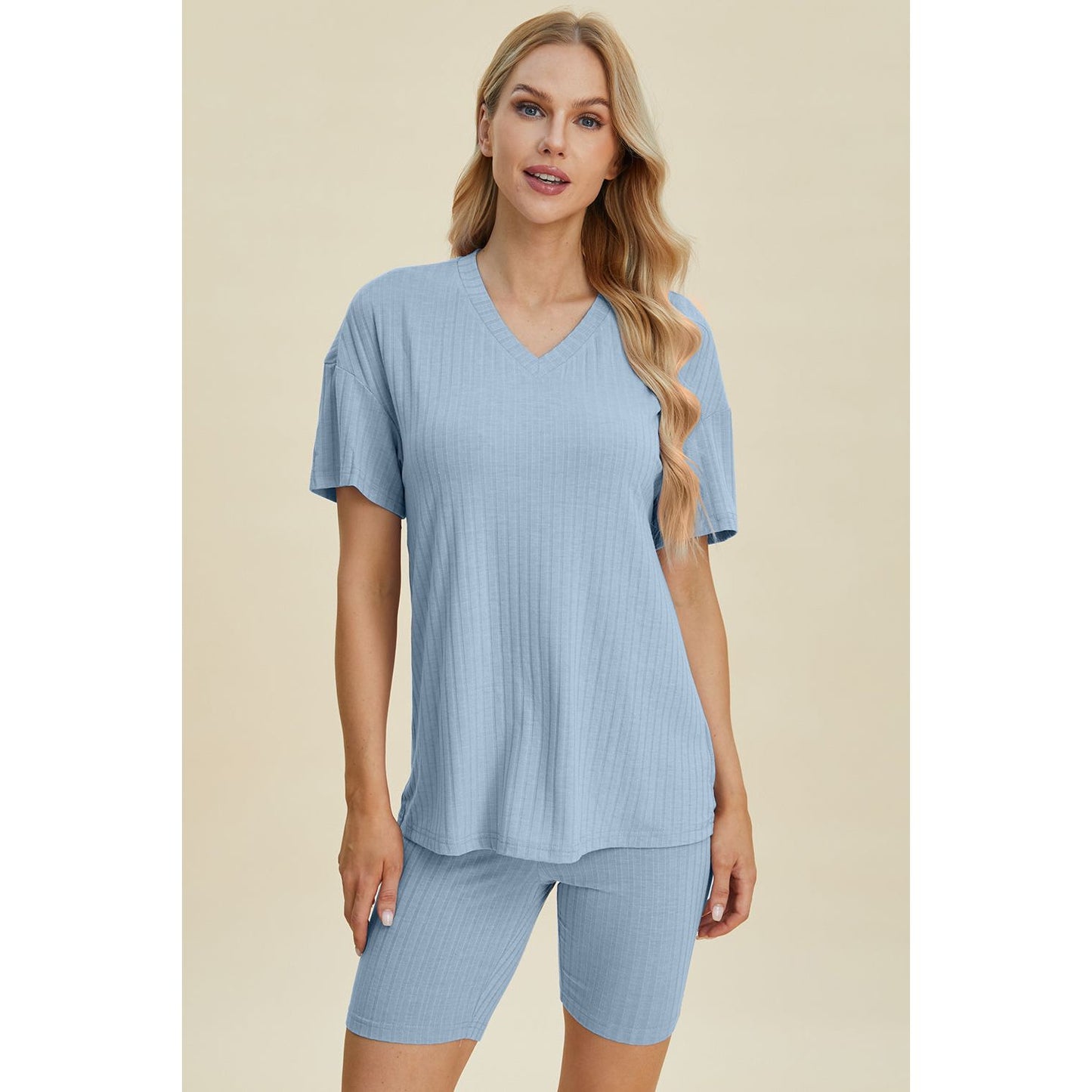 Basic Bae Full Size Ribbed V-Neck Short Sleeve Top and Shorts Set