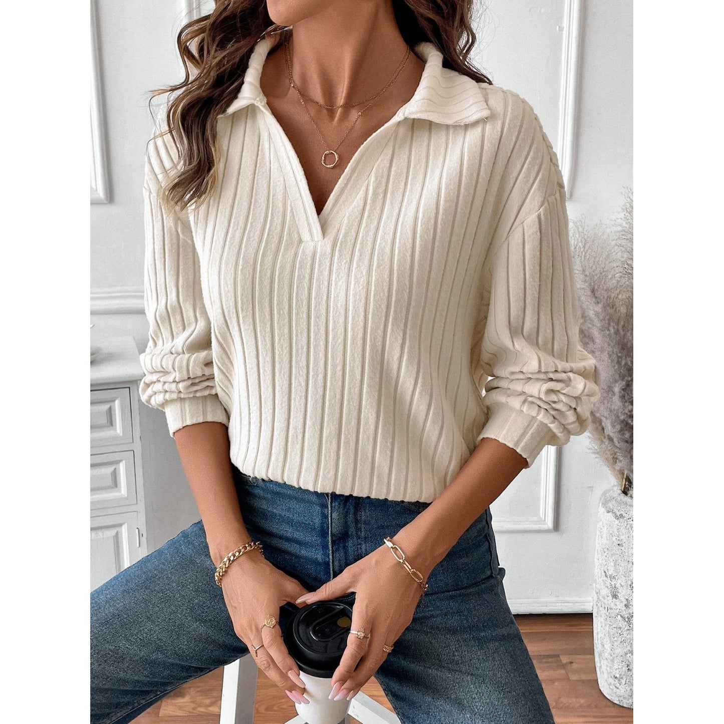 Ribbed Johnny Collar Long Sleeve T-Shirt