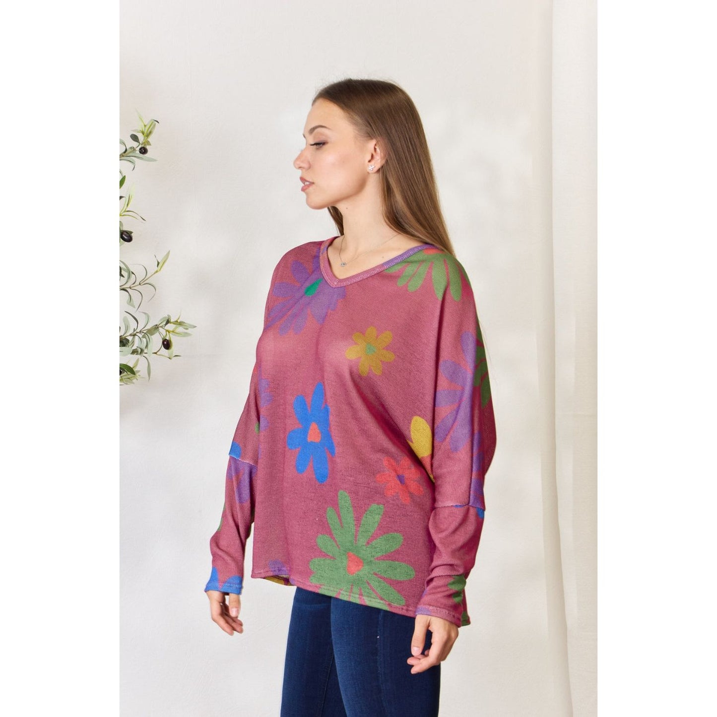 Hopely Full Size Floral V-Neck Long Sleeve Top