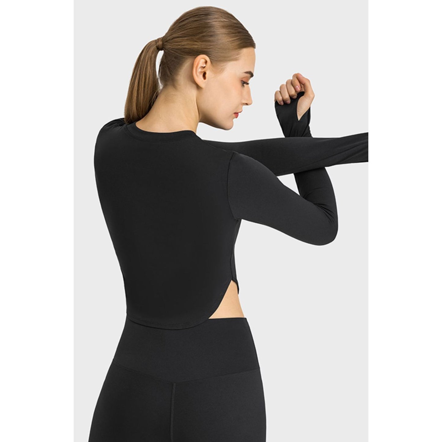 Side Slit Long Sleeve Round Neck Crop Top