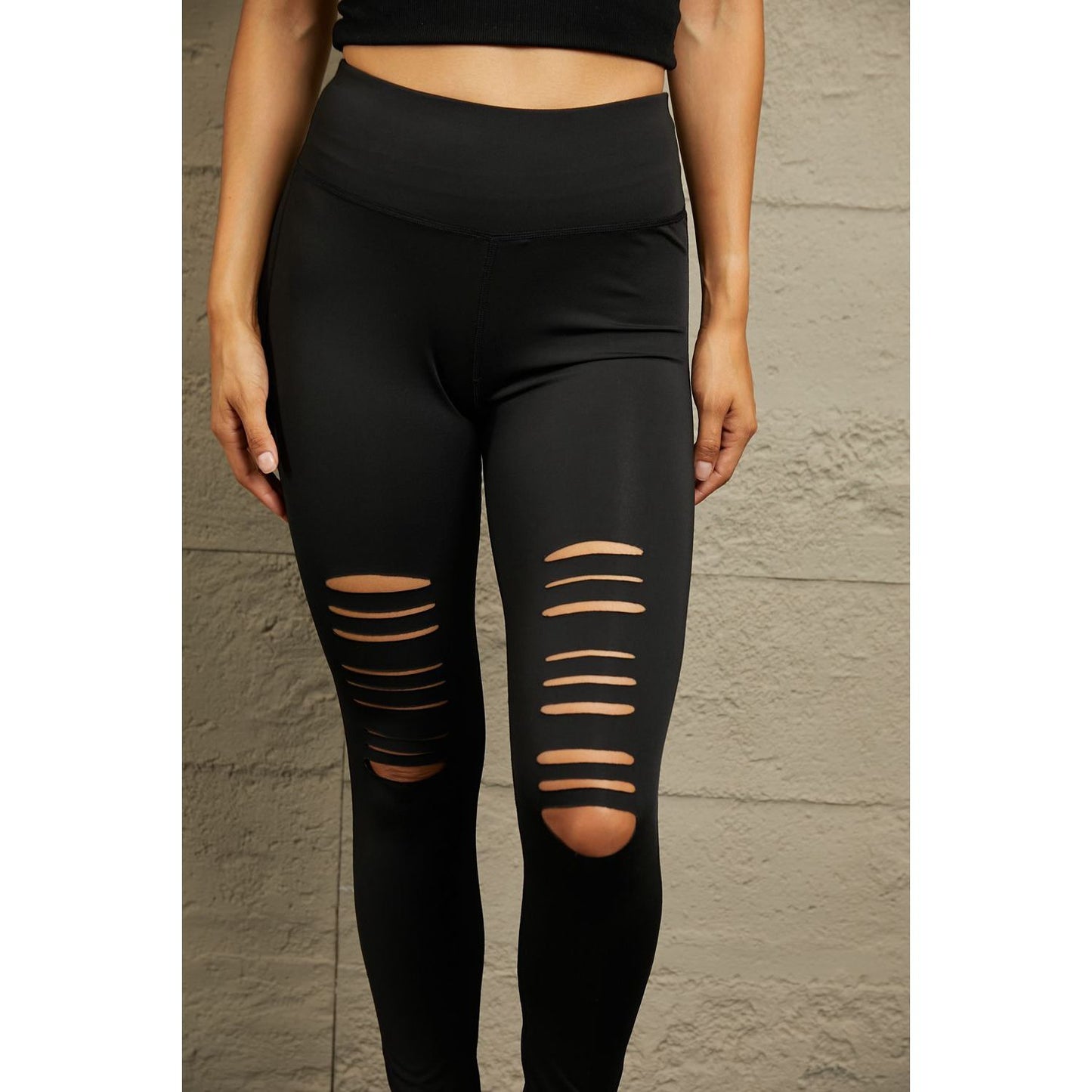 Double Take Wide Waistband Distressed Slim Fit Leggings