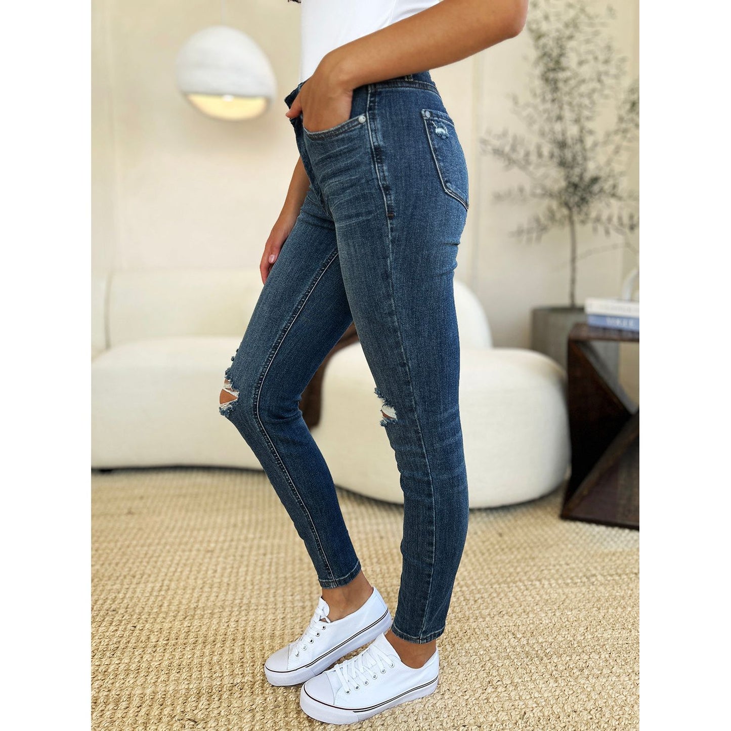 Judy Blue Full Size Mid Waist Distressed Slim Jeans