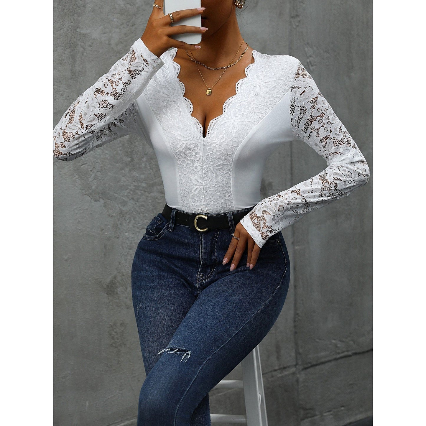 Perfee V-Neck Long Sleeve Lace Bodysuit