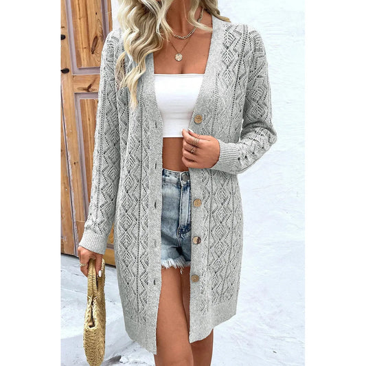 Openwork Button Down Long Sleeve Cardigan