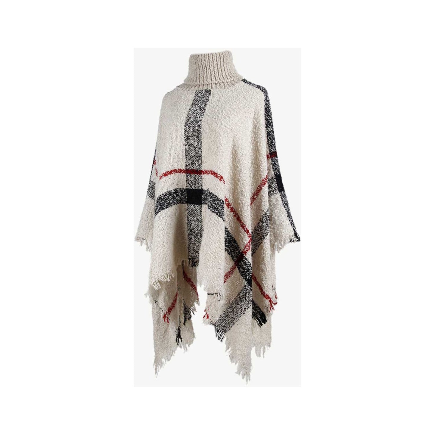 Plaid Turtleneck Raw Hem Poncho