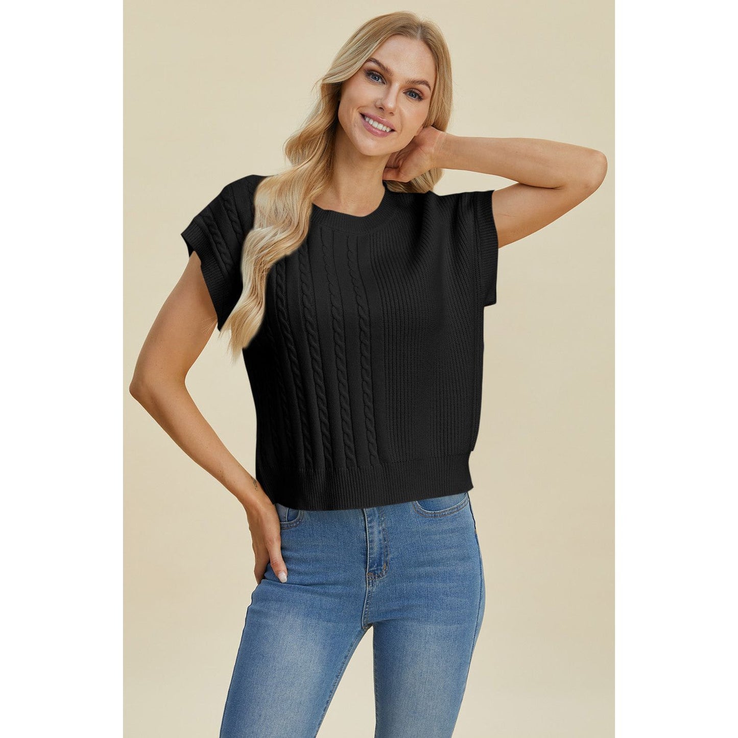 Double Take Full Size Cable-Knit Round Neck Short Sleeve Sweater