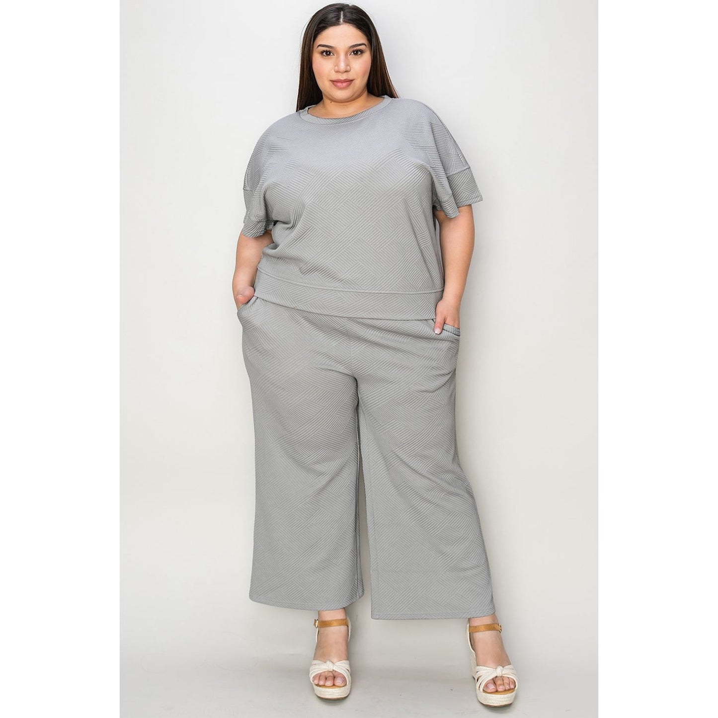 Double Take Full Size Texture Short Sleeve Top and Pants Set