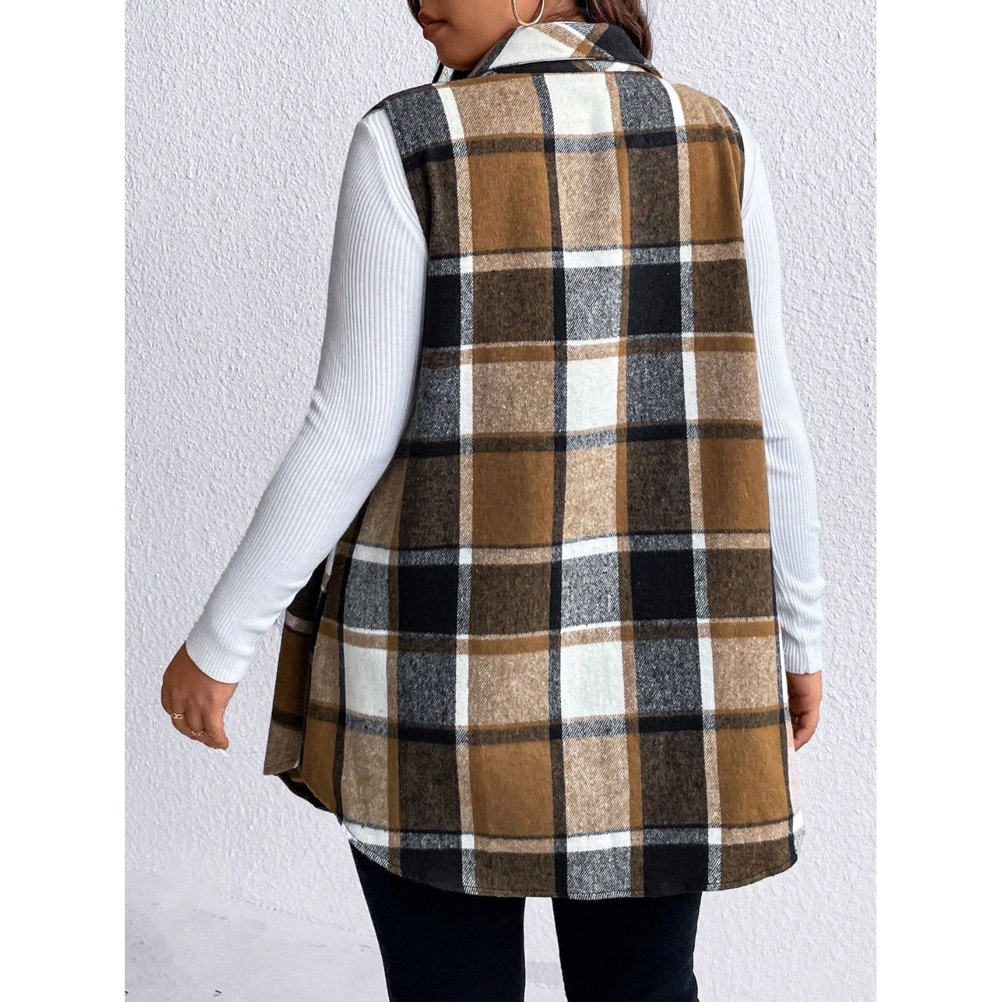 Honey Plus Size Pocketed Plaid Button Up Vest Coat