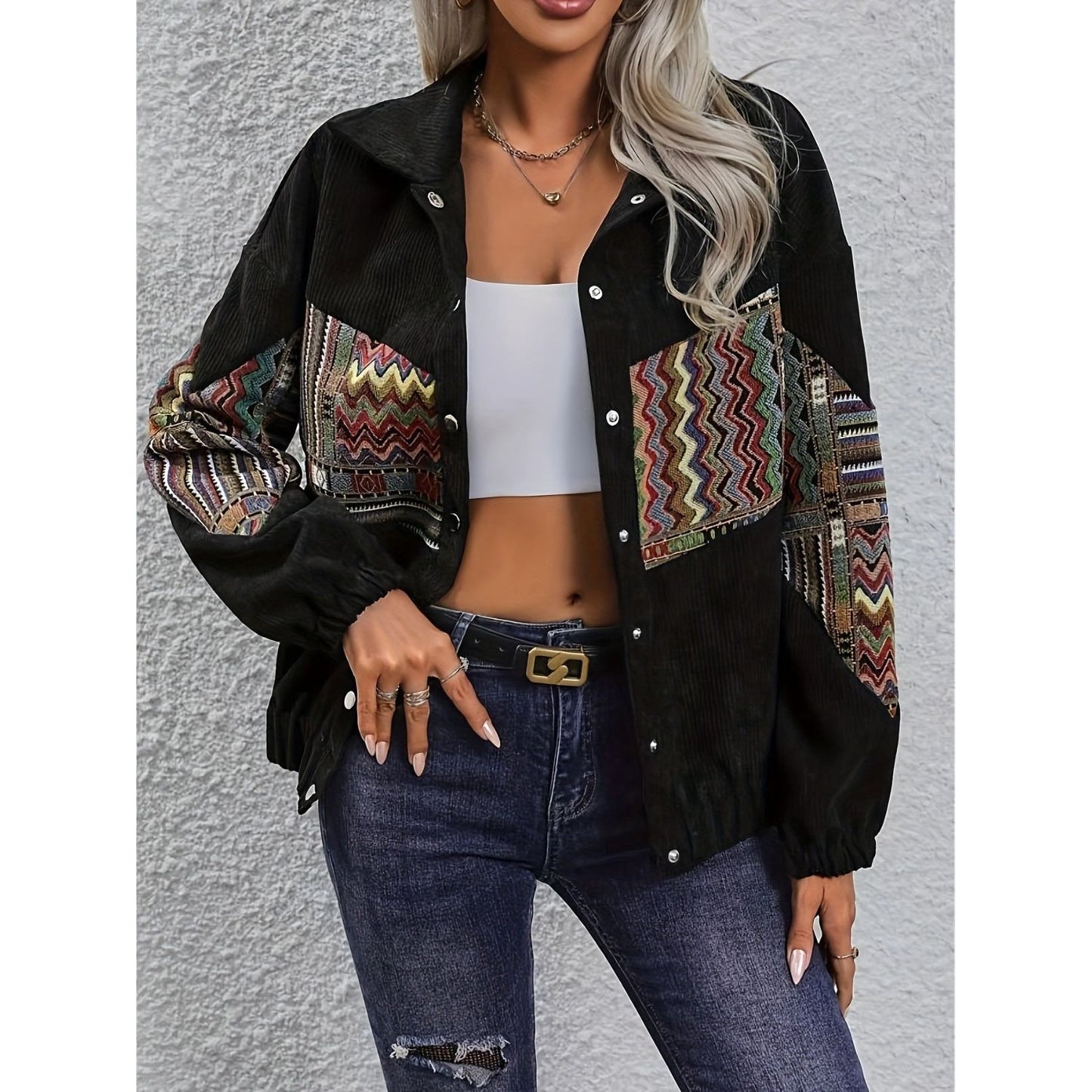 Embroidered Collared Neck Snap Down Jacket