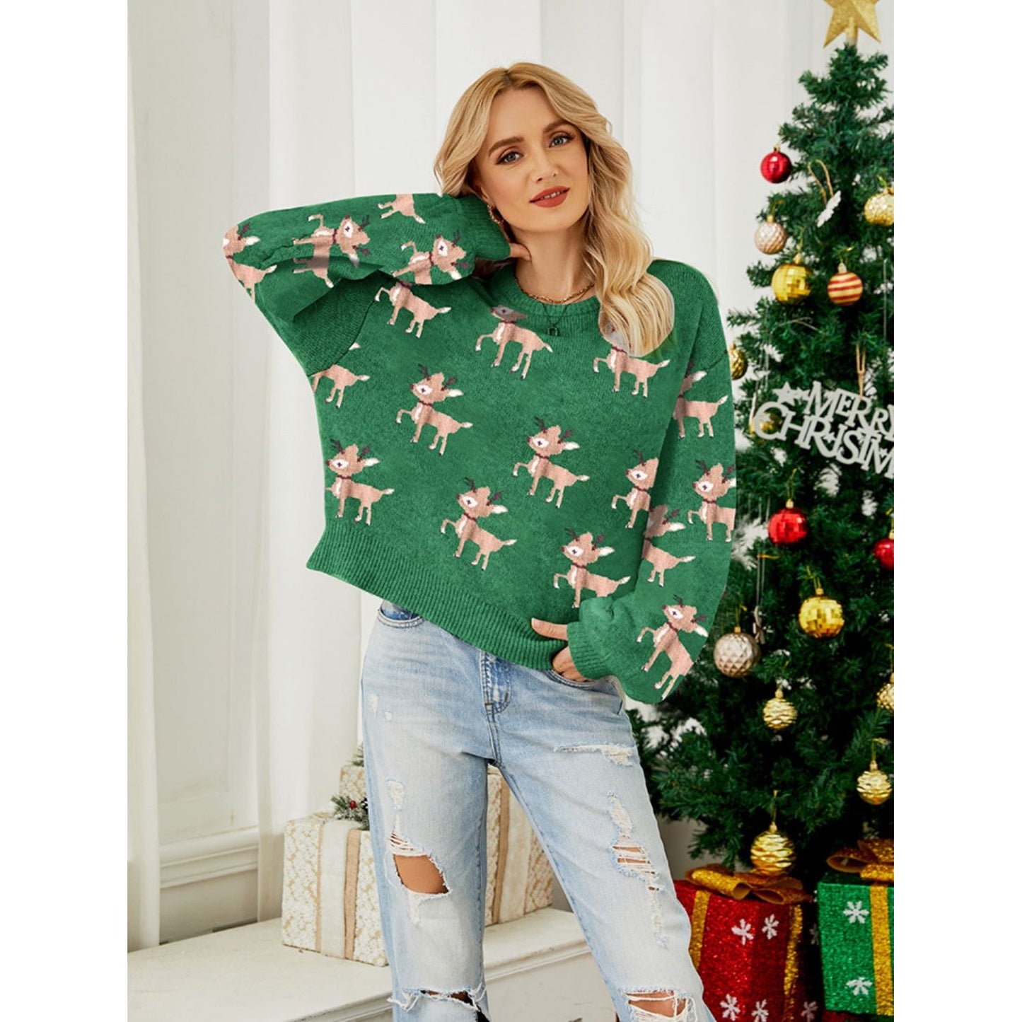 Reindeer Round Neck Long Sleeve Sweater