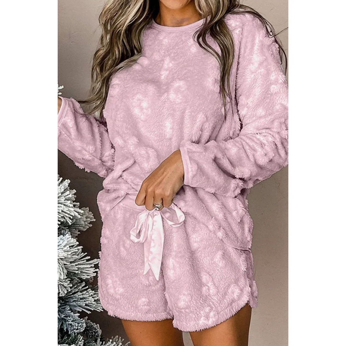 Round Neck Long Sleeve Top and Shorts Lounge Set