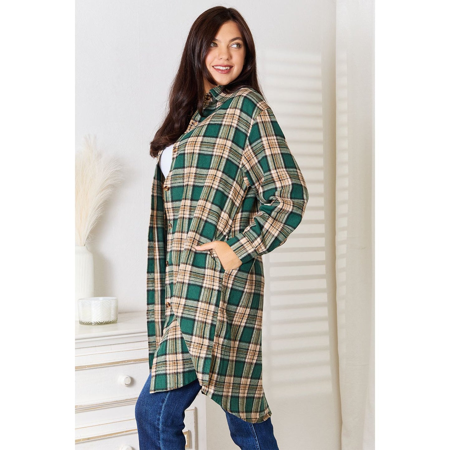 Plaid Collared Neck Long Sleeve Shirt