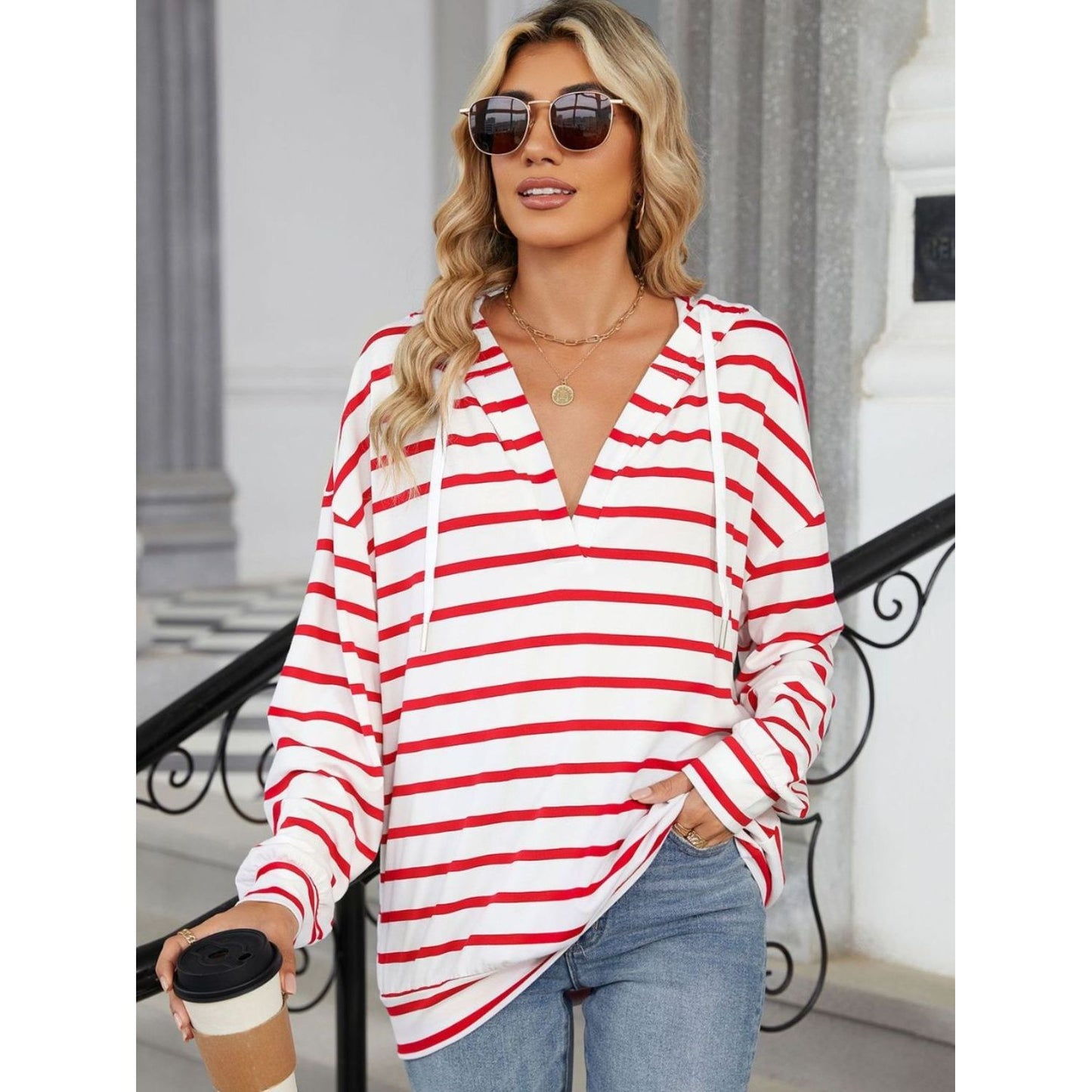 Drawstring Striped Long Sleeve Hoodie