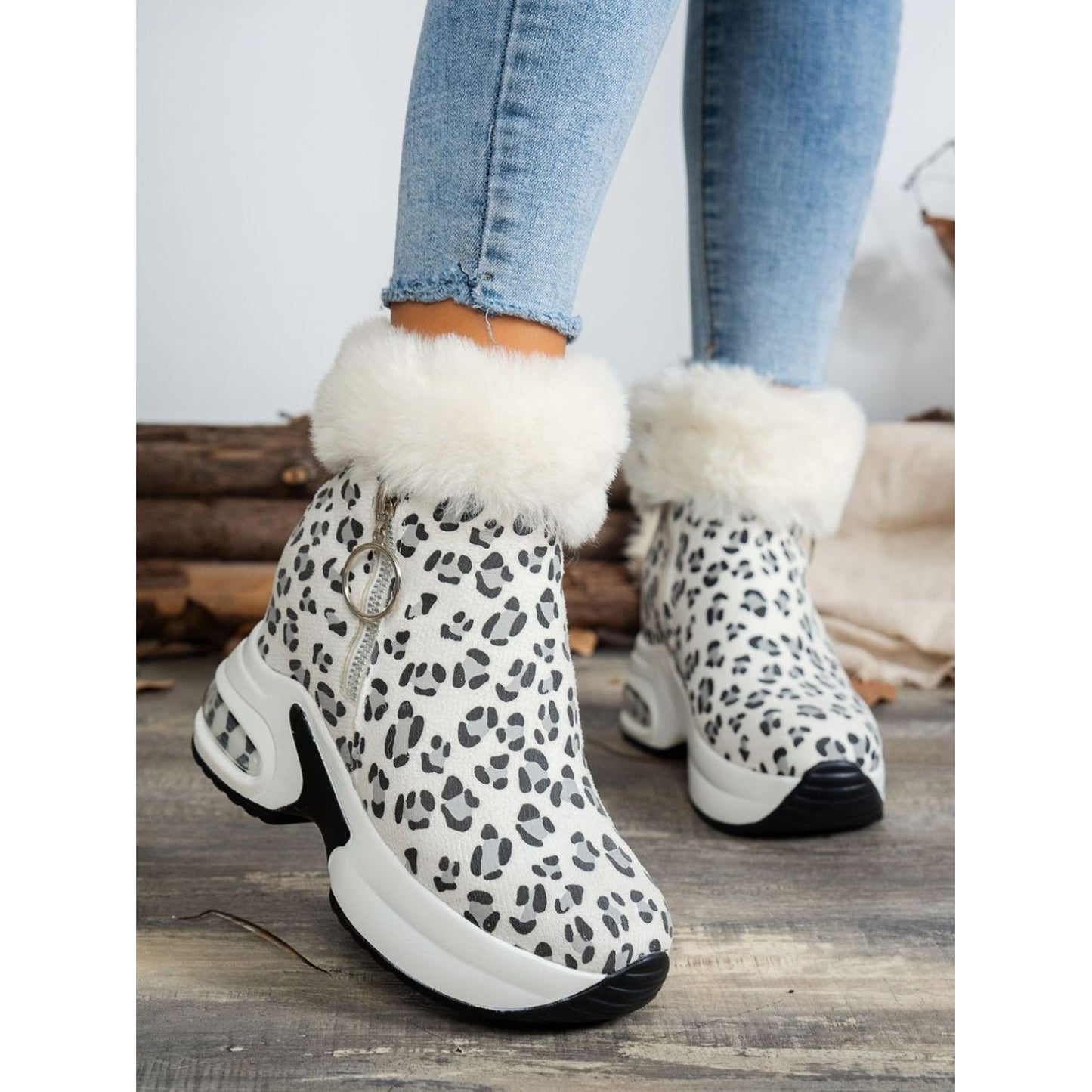 Side Zipper Leopard Platform Boots