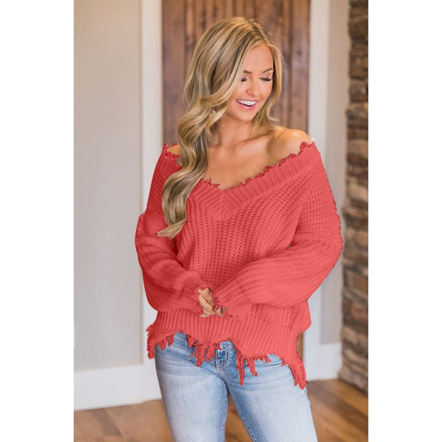 Frayed Hem Dropped Shoulder Sweater